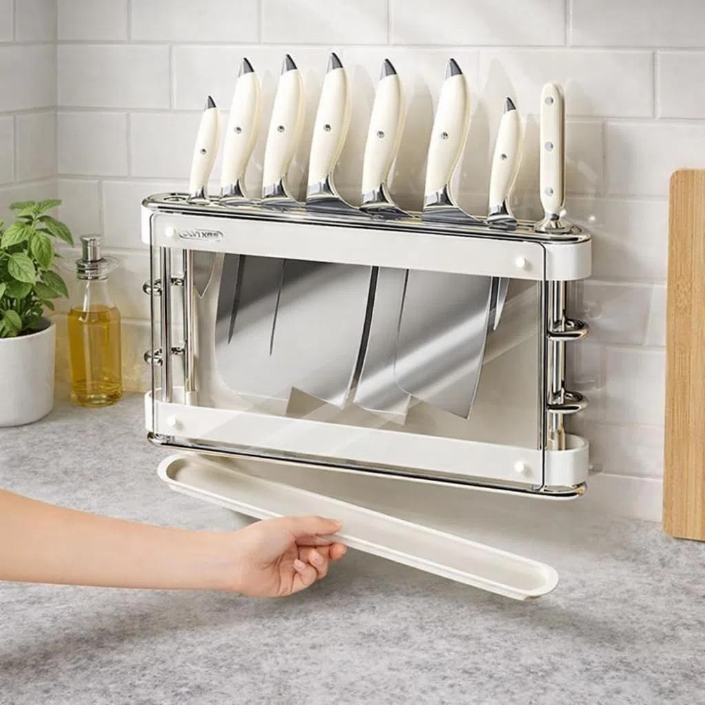 Porta coltelli da cucina con 9 scomparti, ripiano portaoggetti in acciaio inox montato a parete, design cavo, piastra in PET trasparente da 5 mm e vassoio in silicone
