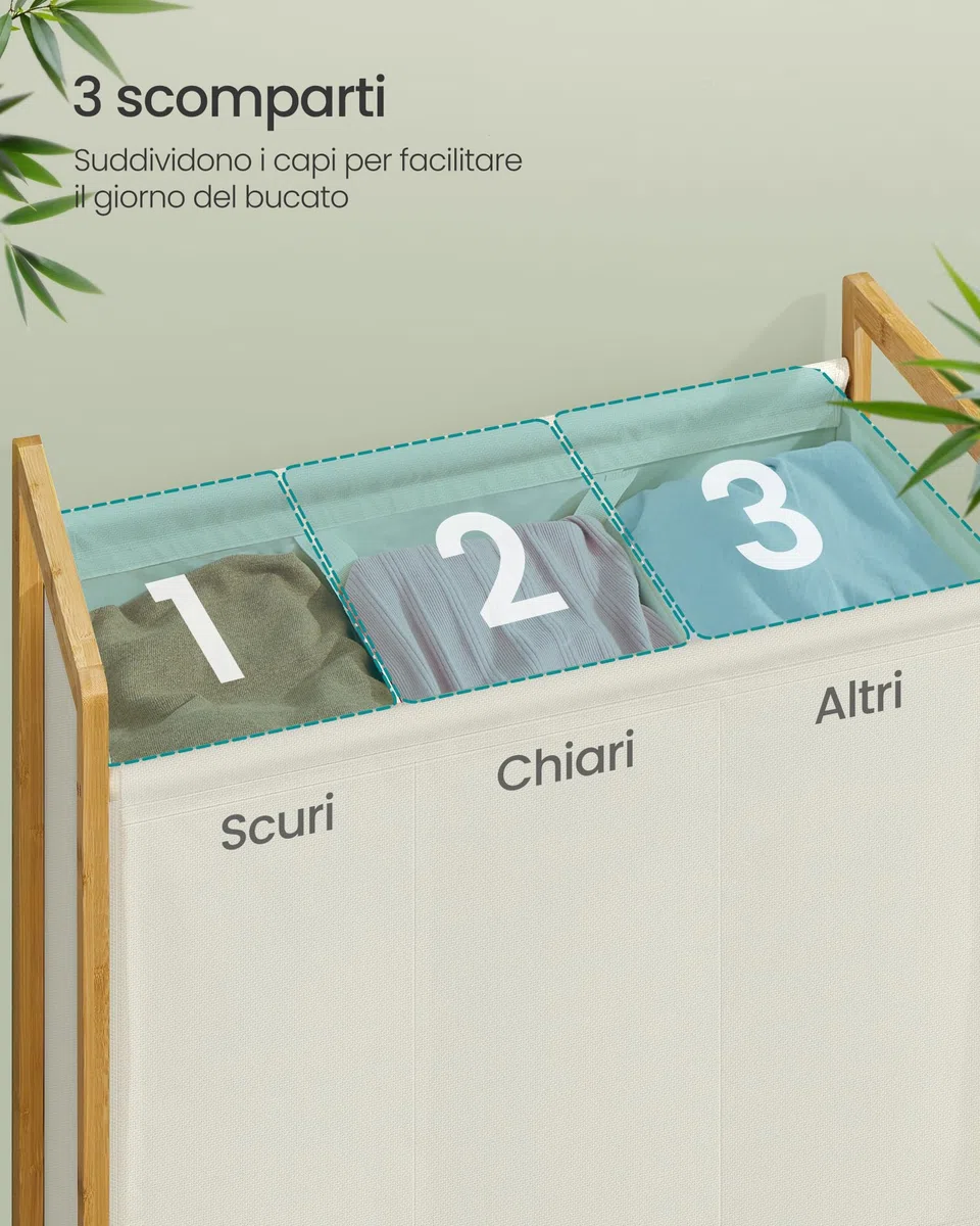 SONGMICS Cesto Portabiancheria 3 Scomparti, Cesta Porta Biancheria Sporca, Struttura in Bambù, Coperchio Rinforzato e Rimovibile, Sacco Rimovibile, 150 L, Bianco Crema RLH103WD01