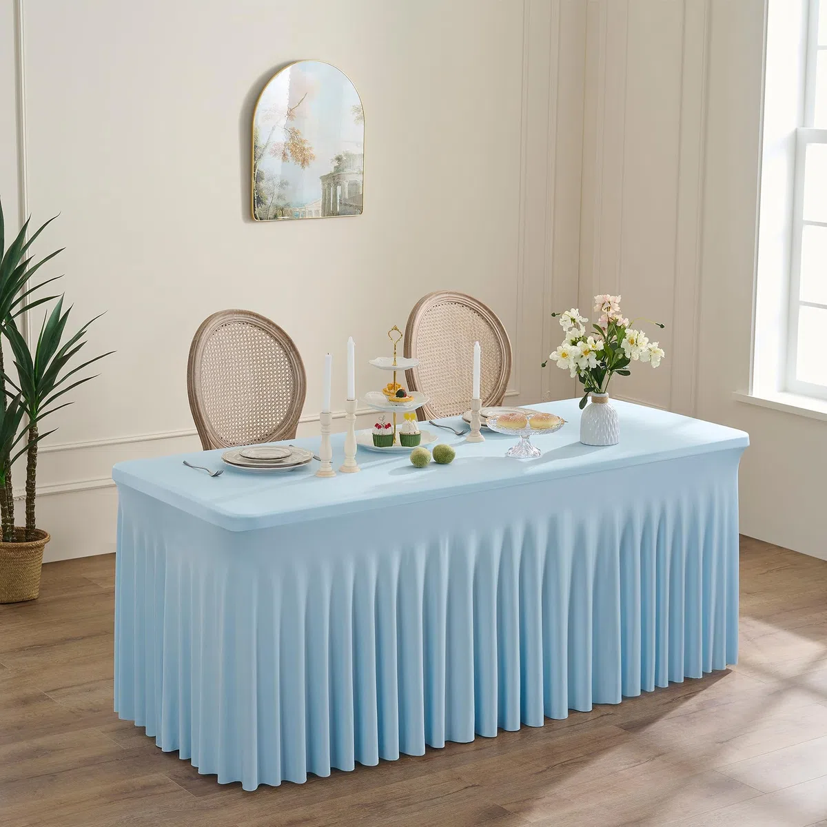 NSSONBEN 1-Pack, tovaglia rettangolare in spandex blu per bambini, 180 x 76 cm, tovaglia elasticizzata senza pieghe con gonna per banchetti, feste, matrimoni, compleanni, meeting, fiere all'aperto