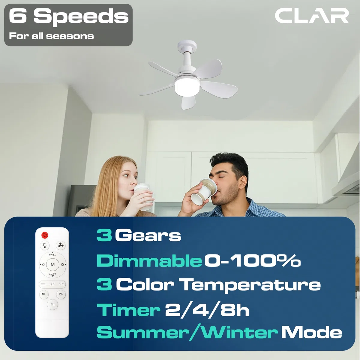 CLAR Ventilatore da Soffitto con Luce, Ventilatore a Soffitto con Luce, Ceiling Fan with Light and Remote Control, Ventilatori con Telecomando