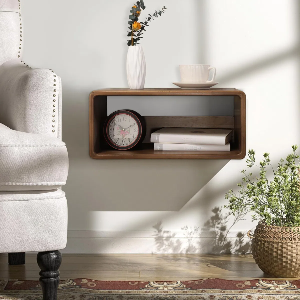 Mensola da comodino a parete e tavolo da notte sospeso in legno di pino, stile minimalista, 43 x 19 x 25 cm, marrone