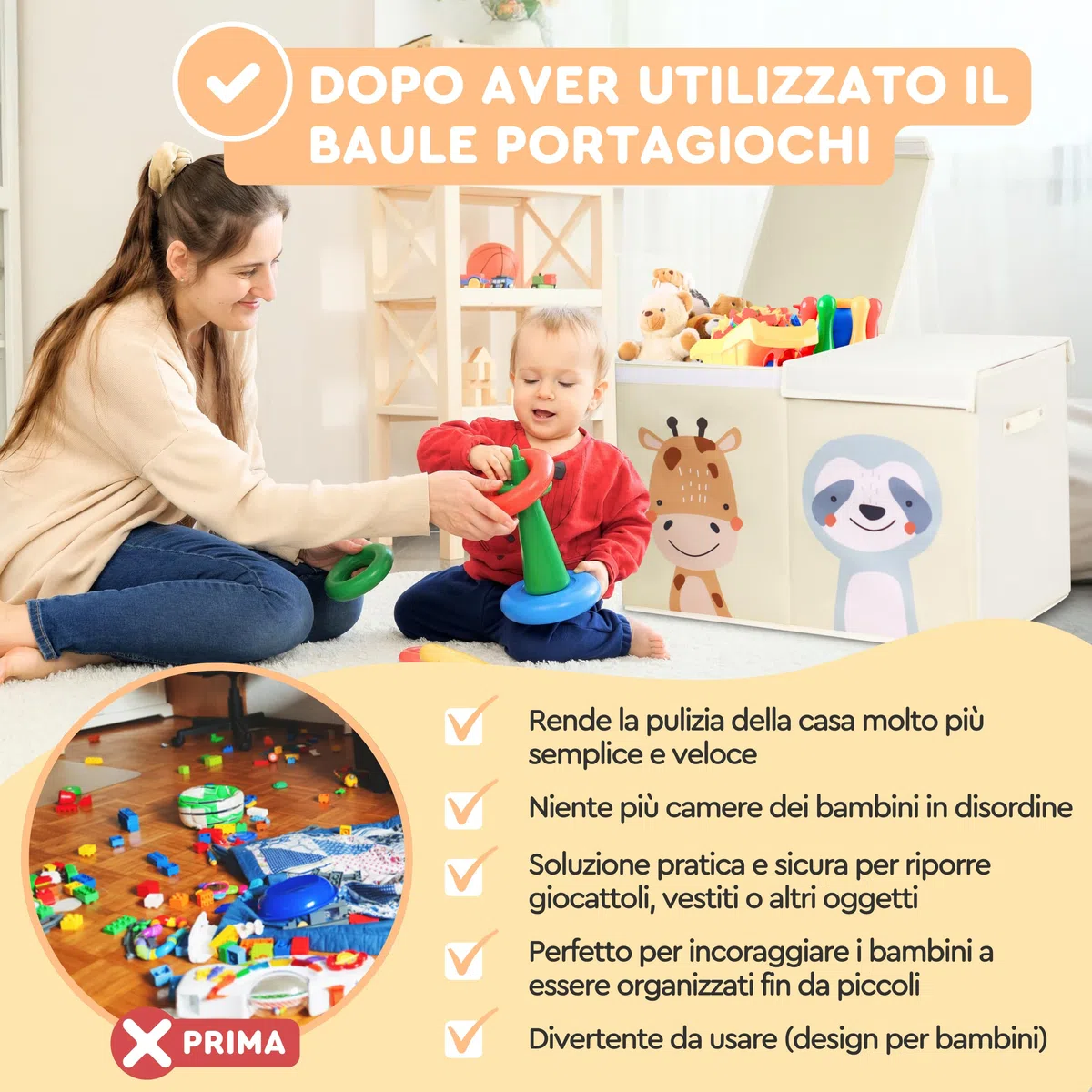 Scatola Porta Giochi per Bambini Beige Pieghevole da 78 Litri. Contenitore Giochi a Doppio Coperchio. Baule e Contenitore Grande in Tessuto Oxford. Organizer Giocattoli. Non Adatto alla Seduta