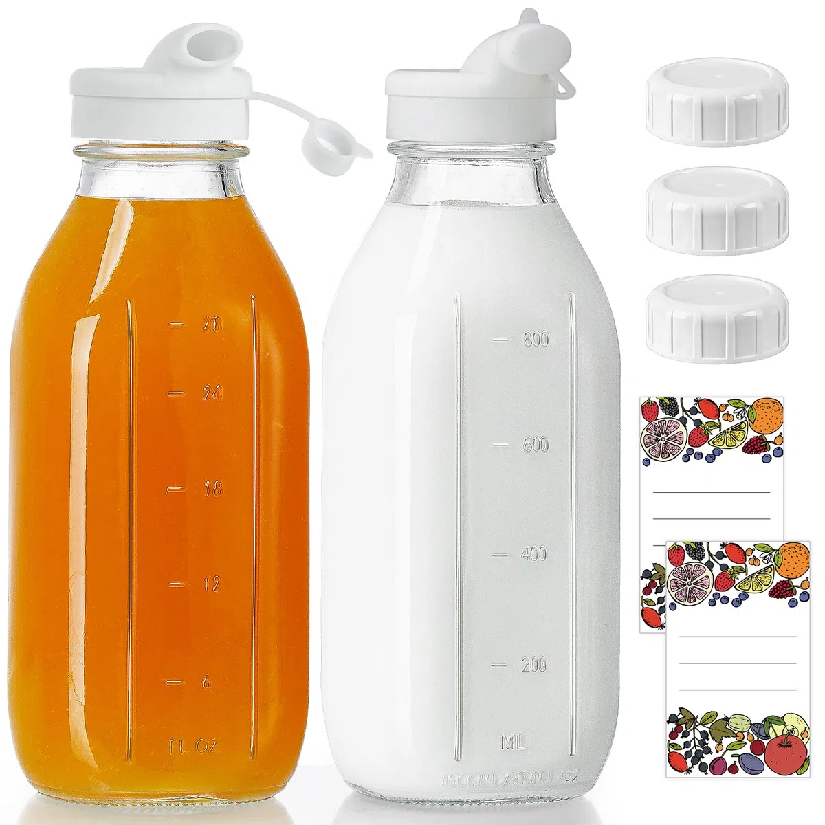 Absovetu Confezione da 2 bottiglie in vetro riutilizzabili con coperchio a vite ermetico, brocca per latte in vetro da 1 litro con beccuccio versatore, dispenser per bevande, succhi di frutta, latte,