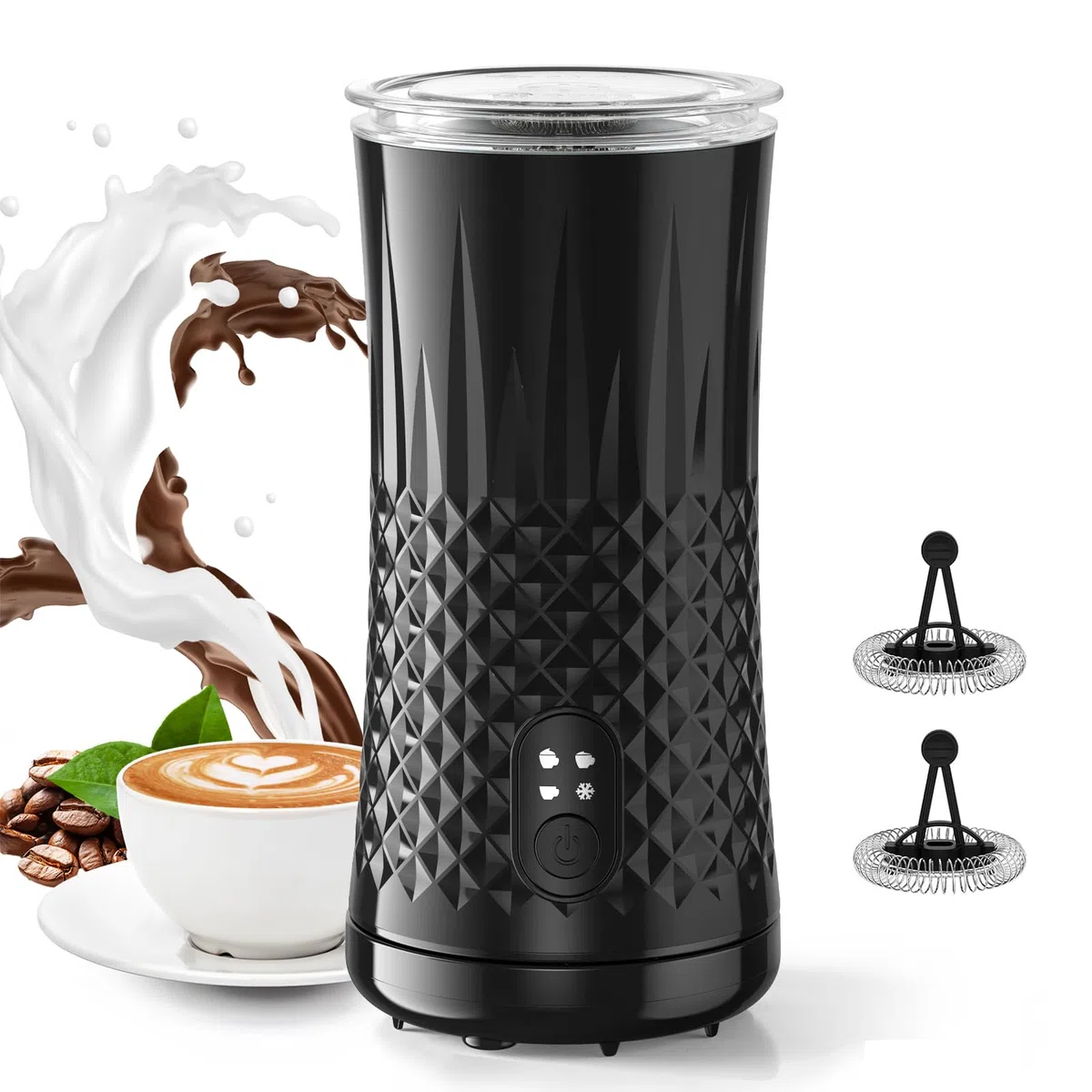 Montalatte Elettrico 4 in 1, Schiumalatte Caldo e Freddo Veloce, 2 Fruste, Rivestimento Antiaderente, Spegnimento Automatico, per Caffè, Cappuccino, Latte