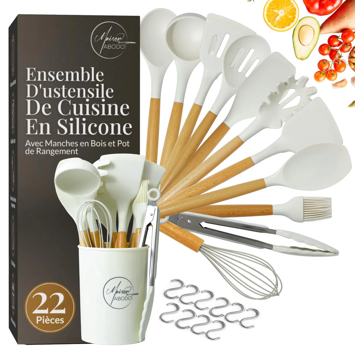 Mestoli Cucina, Set Utensili Cucina 22 Pezzi, Set Mestoli Silicone Senza BPA con Manico in Legno, Set Cucina Antiaderente con Porta Utensili - Bianco