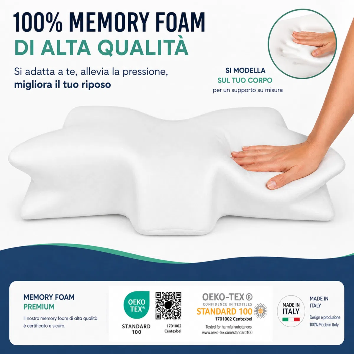 The Double Twenty Cuscino Cervicale per Dormire Ortopedico - Doppia Altezza 12,5/9cm Federa Lavabile in Silver Antibatterico - Cuscino Memory Foam Antirussamento a Farfalla - Made in Italy e Oeko Tex