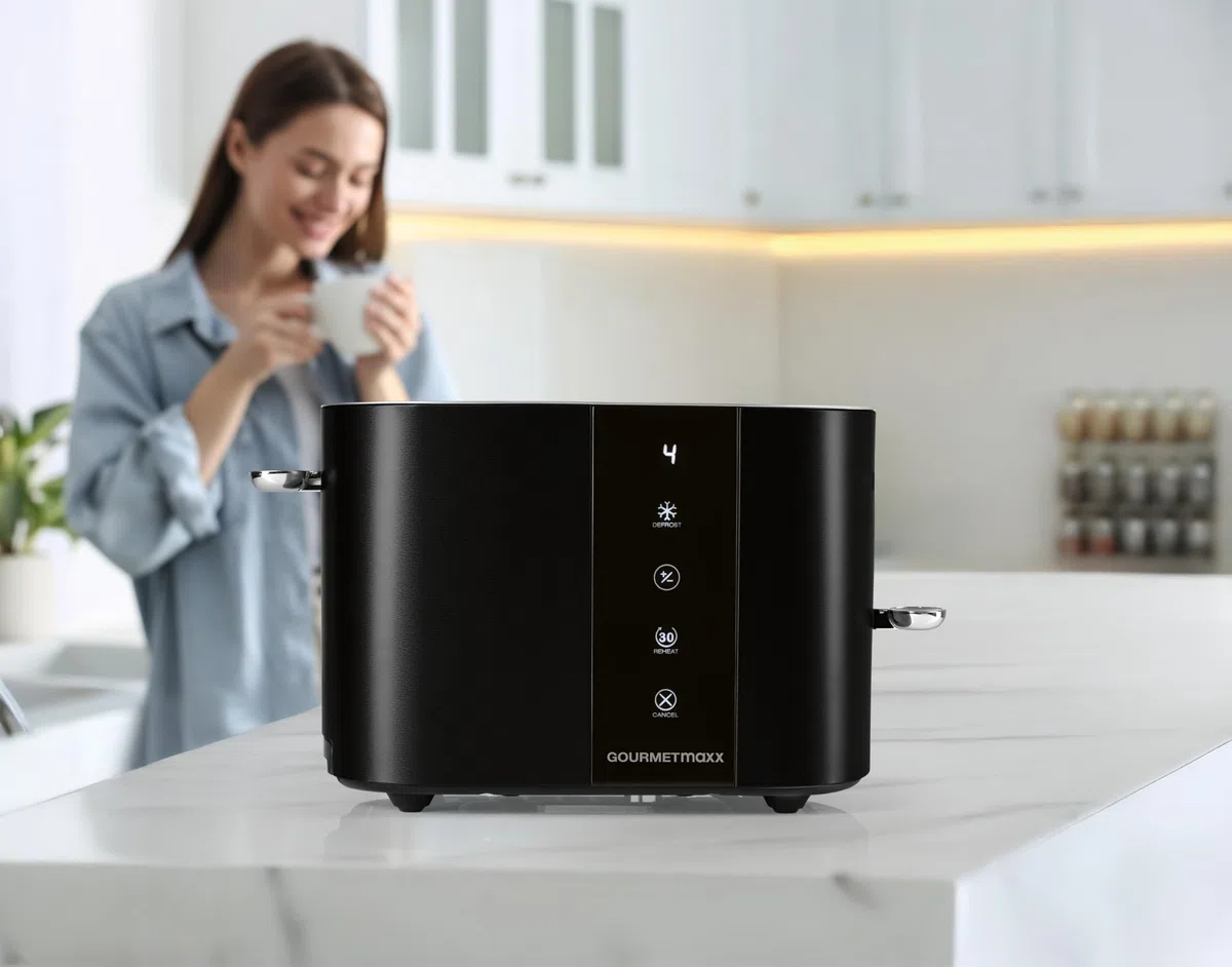 GOURMETmaxx Tostapane con fessura corta per 2 fette | Tostapane nero con 6 gradi di doratura e conto alla rovescia pronto a 2 eat | Utensile da cucina elettrico con display touch, inserto per panini e