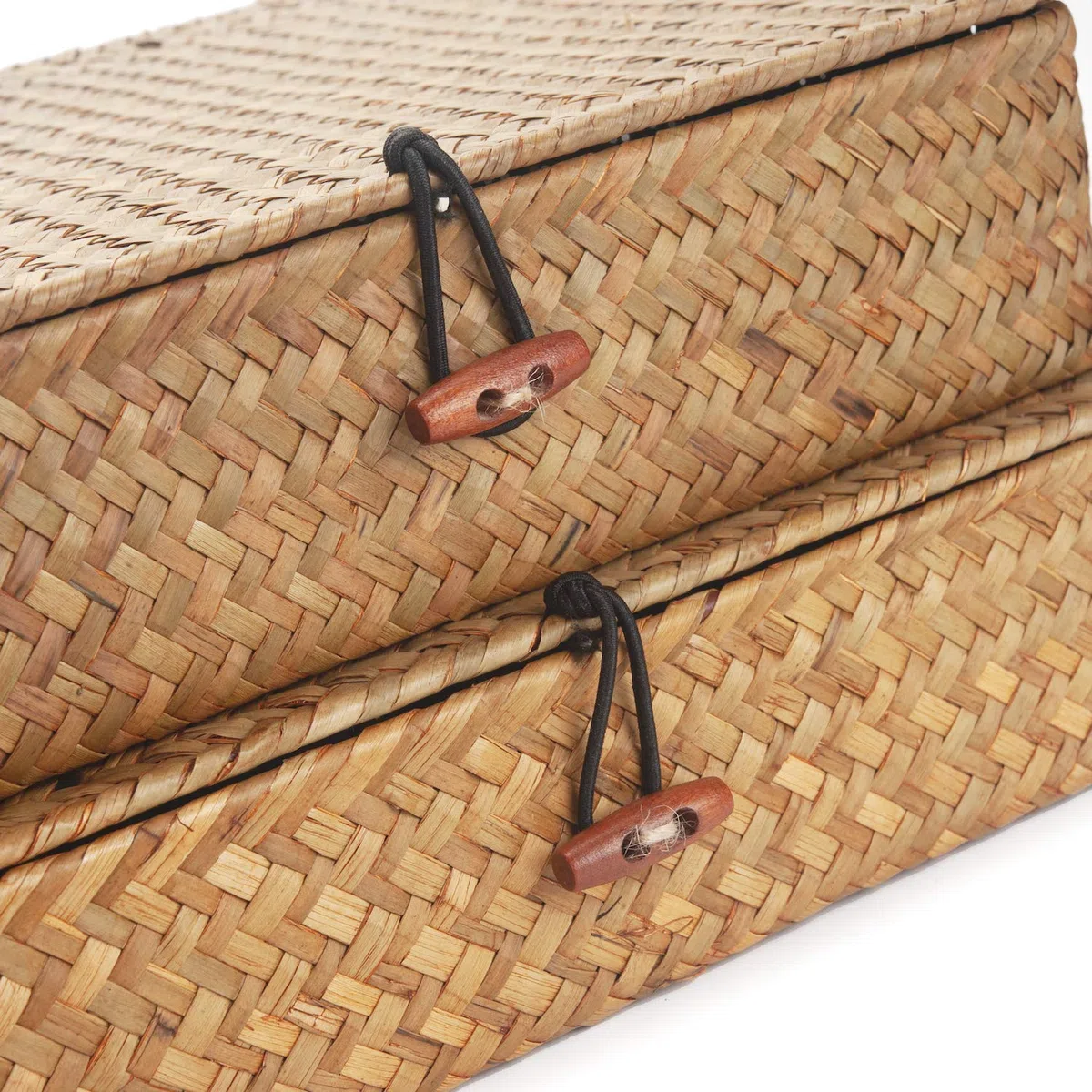 Cesta Portaoggetti con Coperchioio Seagrass Naturale Cesti Contenitori Vimini Rettangolare Set di 2 (Naturale Grande + Piccolo)