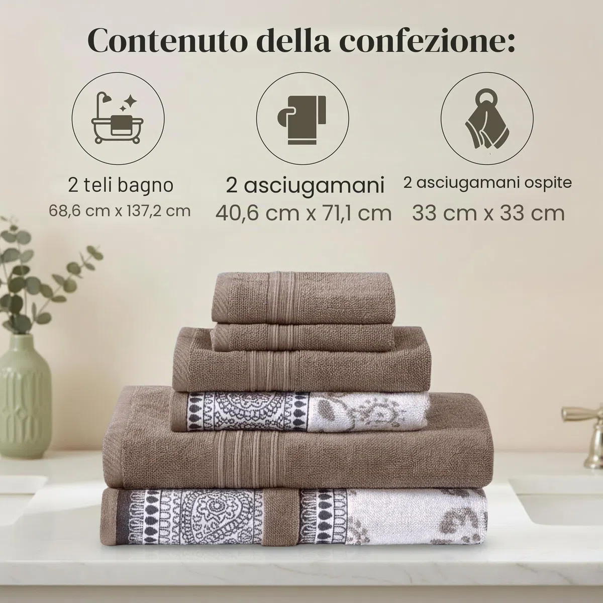 Modern Threads Ophelia Fawn - Set di 6 asciugamani da bagno, 2 asciugamani da bagno, 2 asciugamani da bagno, 2 asciugamani in jacquard, tinta unita