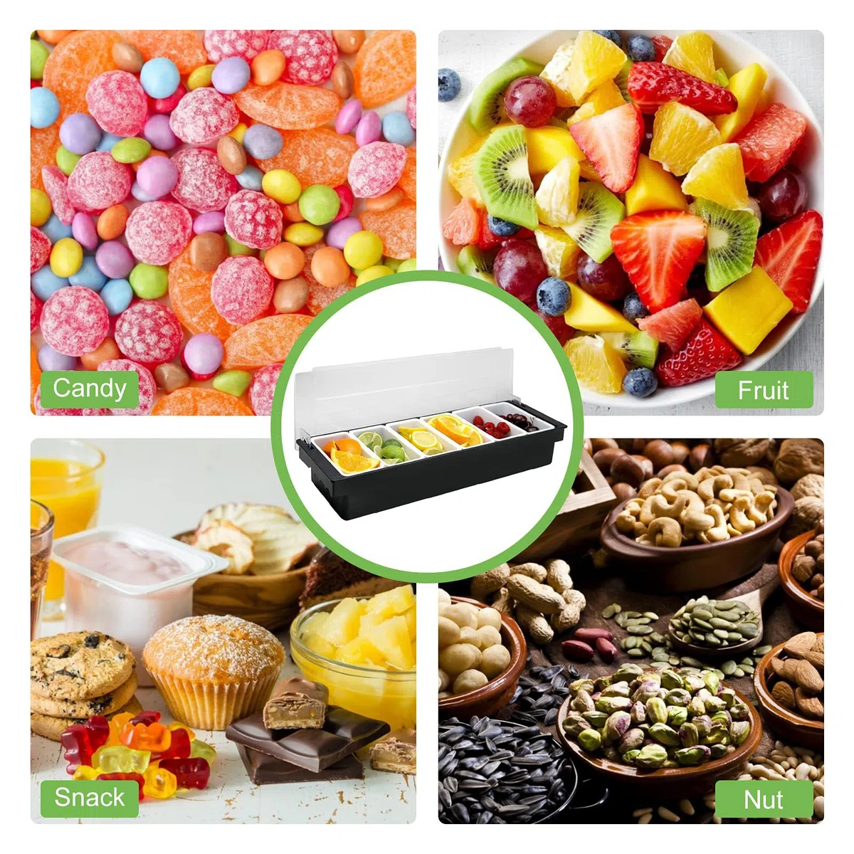 Contenitore per condimenti per Verdure alla Frutta, Contenitore per condimenti raffreddato a Ghiaccio, Stazione di Contorno in plastica con Coperchio per la casa,Nero,6 Girds