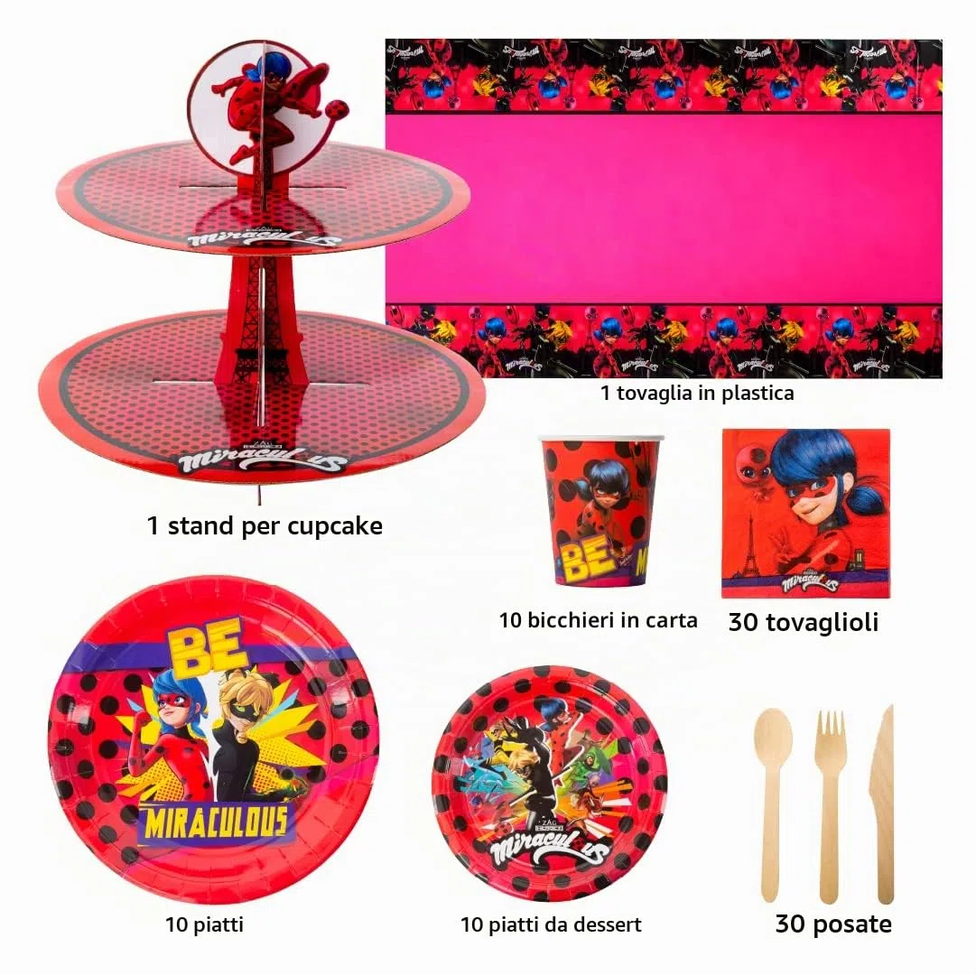 Kit per Festa di Compleanno Miraculous Ladybug in una Scatola - Celebrazione, Festa di Compleanno, Bambini Piccoli - Oltre 100 Pezzi - Gatto Nero - Articoli per Feste - Kit Completo Ufficialmente