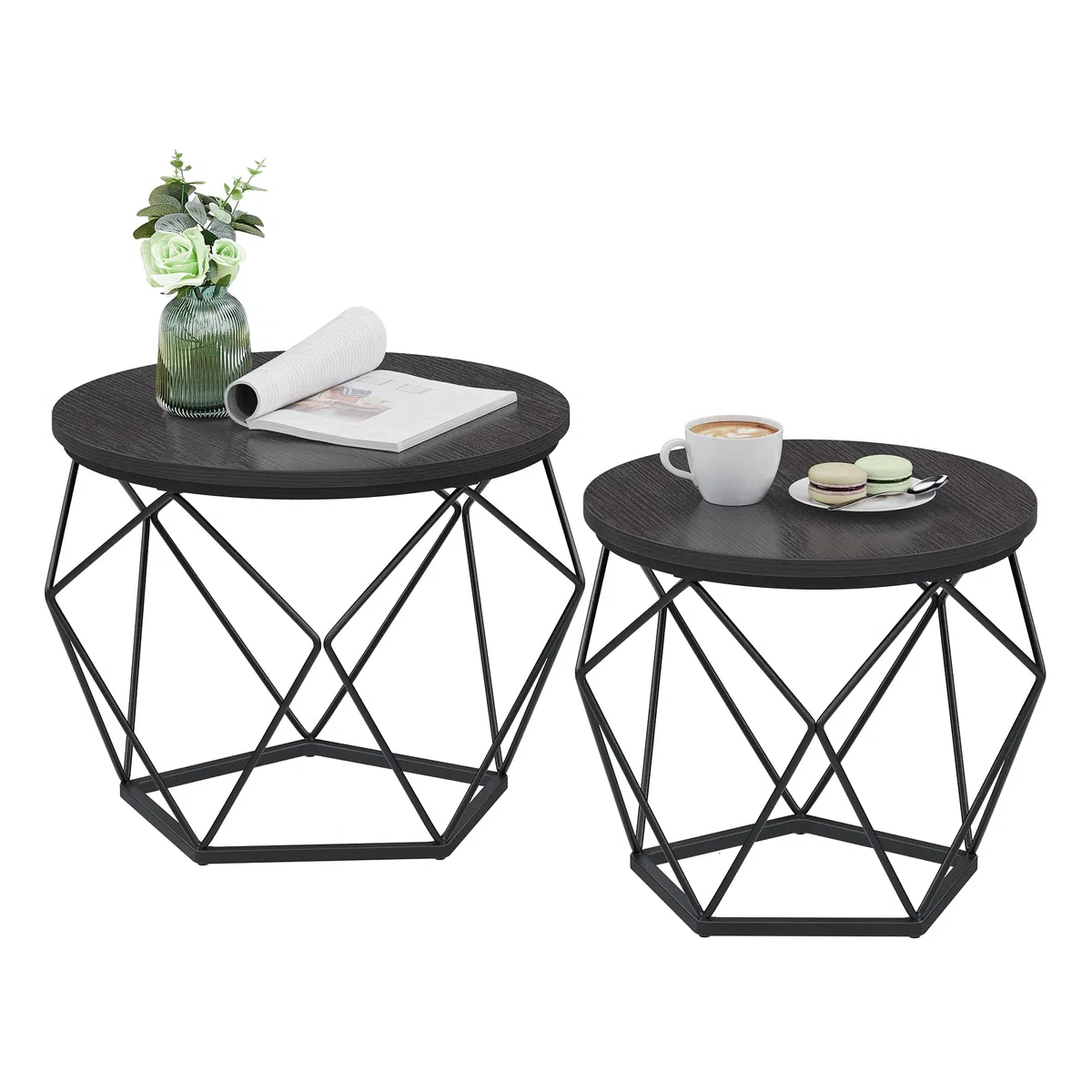 VASAGLE Tavolino da CaffèRotondo, Set di 2 Tavolini ad Incastro, Stile Moderno, Piano Rimovibile, Struttura in Acciaio, Adatto per Soggiorno, Nero LET040B22