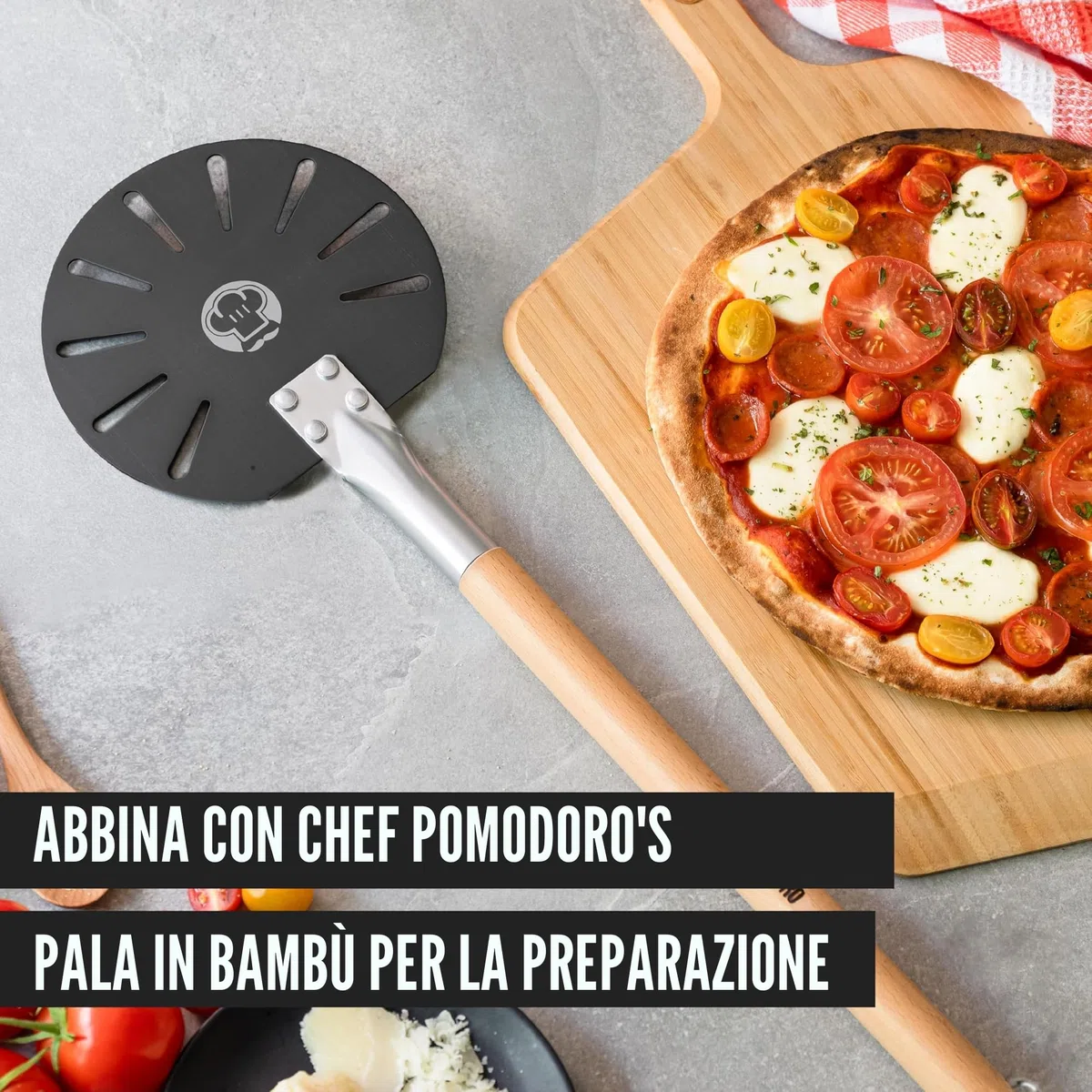Chef Pomodoro Pala per pizza girevole da in alluminio con manico staccabile in legno, pala per pizza gourmet per pane e pizza (17,8 cm)