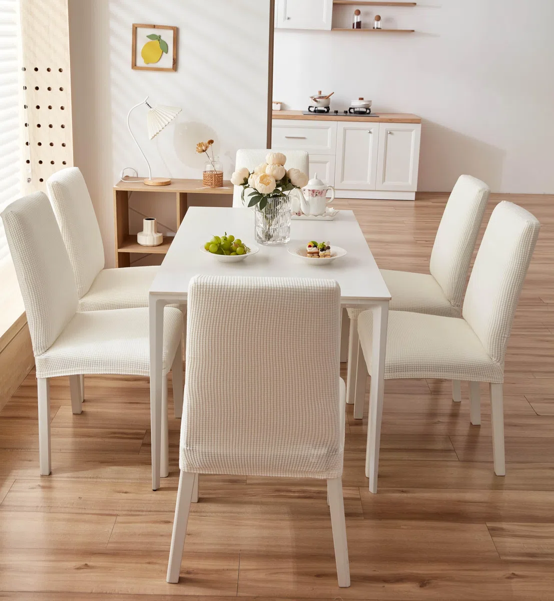 EBETA 6 Pezzi coprisedie con Schienale, Elasticizzato Copertura della Sedia, Copertura Fodera, Banchetto Sedia Sedile Slipcover Cerimonia di Nozze Posate da (Bianco latte, 6 Pezzi)