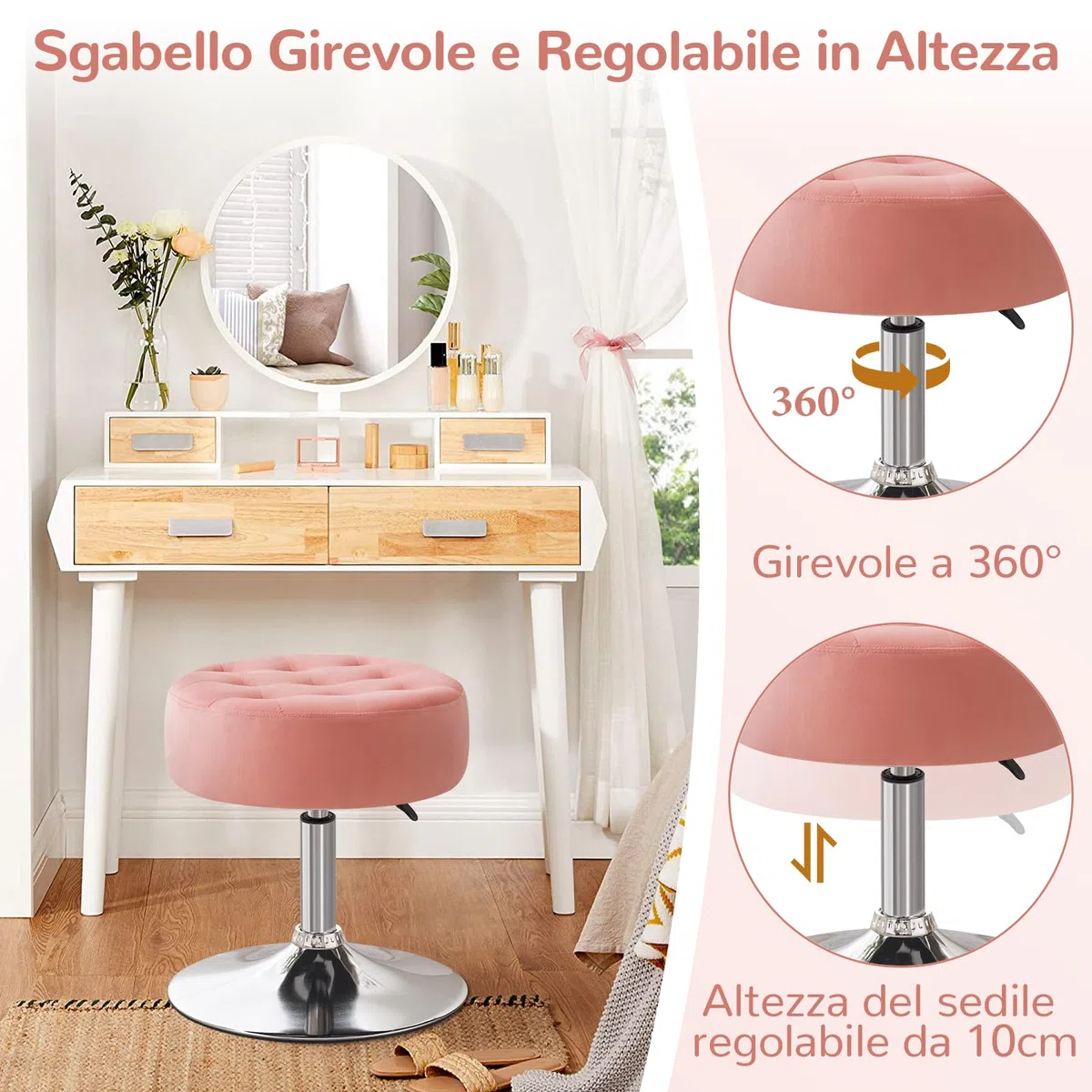 Sgabello da Trucco, Sgabello Rotondo Girevole Regolabile in Altezza, Sgabelli Toeletta Trucco Sgabelli Basso da Bar, Sedia da Cucina in Velluto per Camera da Letto Soggiorno Salone, Rosa