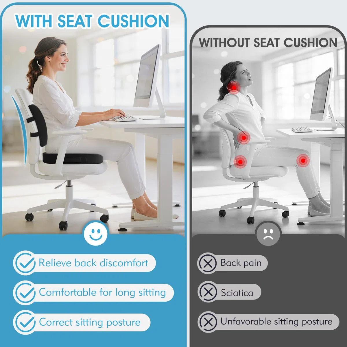 CushZone Cuscino da seduta, cuscino lombare con cinturino regolabile, per alleviare il dolore sciatica, con rivestimento lavabile in memory foam per auto, viaggio e sedia a rotelle, nero