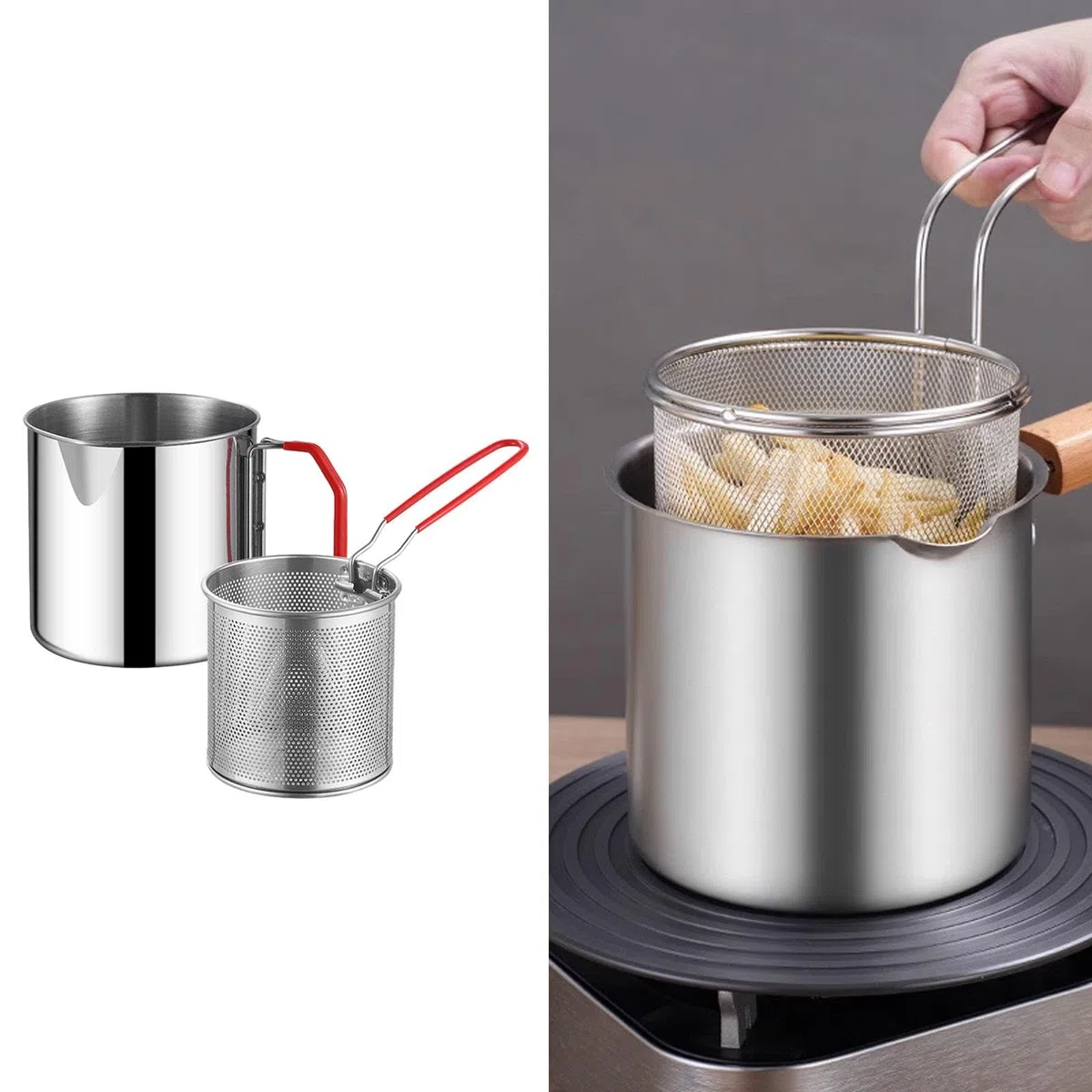 Pentola per Friggere con Manico E Filtrante per Uso in Cucina, Style a Basket