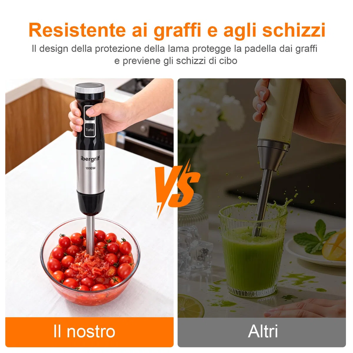 Ibergrif Frullatore a Immersione 1000W 4-in-1 in Acciaio Inox con Regolazione Continua della Velocità e Pulsante Turbo, Minipimer Immersione Set con Tritatutto 500ml, Bicchiere Dosatore 600ml, Frusta