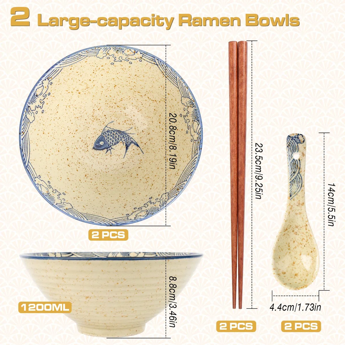 1200 ML Ciotole Giapponesi per Ramen, 2 Set Ciotola Ramen con Bacchette e Cucchiai, Ciotola Ramen in Ceramica, Ramen Bowl per Ramen, Zuppa, Insalata, Muesli, Grande Capacità 20.8 X 20.8 X 8.8 cm