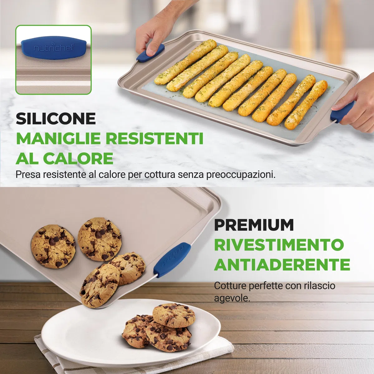 NutriChef Set 6 Teglie da Forno Antiaderente, Acciaio al Carbonio con Manici in Silicone, Stampo per Pane, Stampo per Muffin/Cupcake, Padelle da Arrosto Rotonde e Quadrate, Foglio per Biscotti