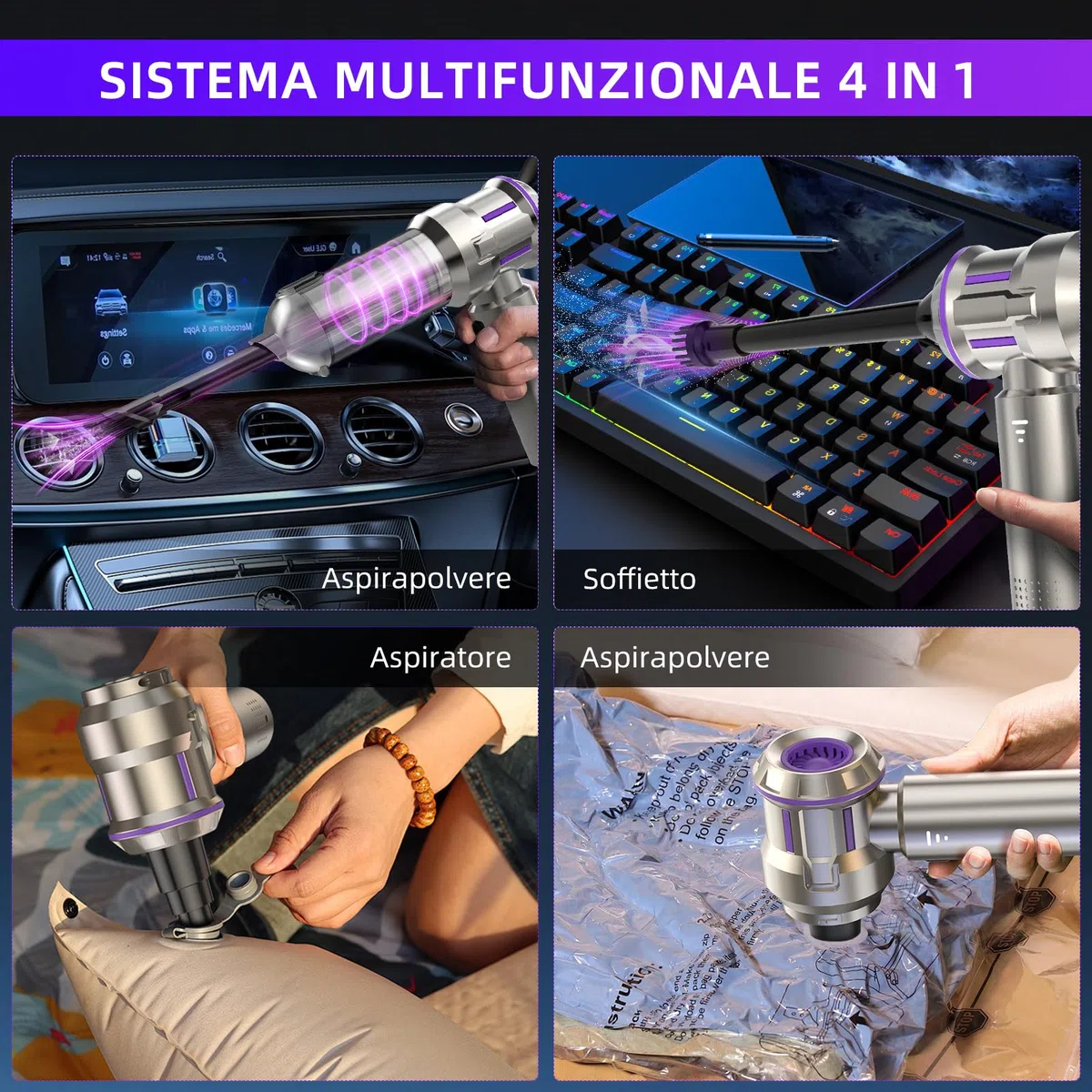 Aspirabriciole Senza Fili, 25000Pa Aspirapolvere Auto con Scarico Polvere Automatico a un Tocco, 4 in 1 Mini Aspirapolvere, Motore Brushless, Aspirazione a 3 Velocità per Peli di Animali, Auto, Casa