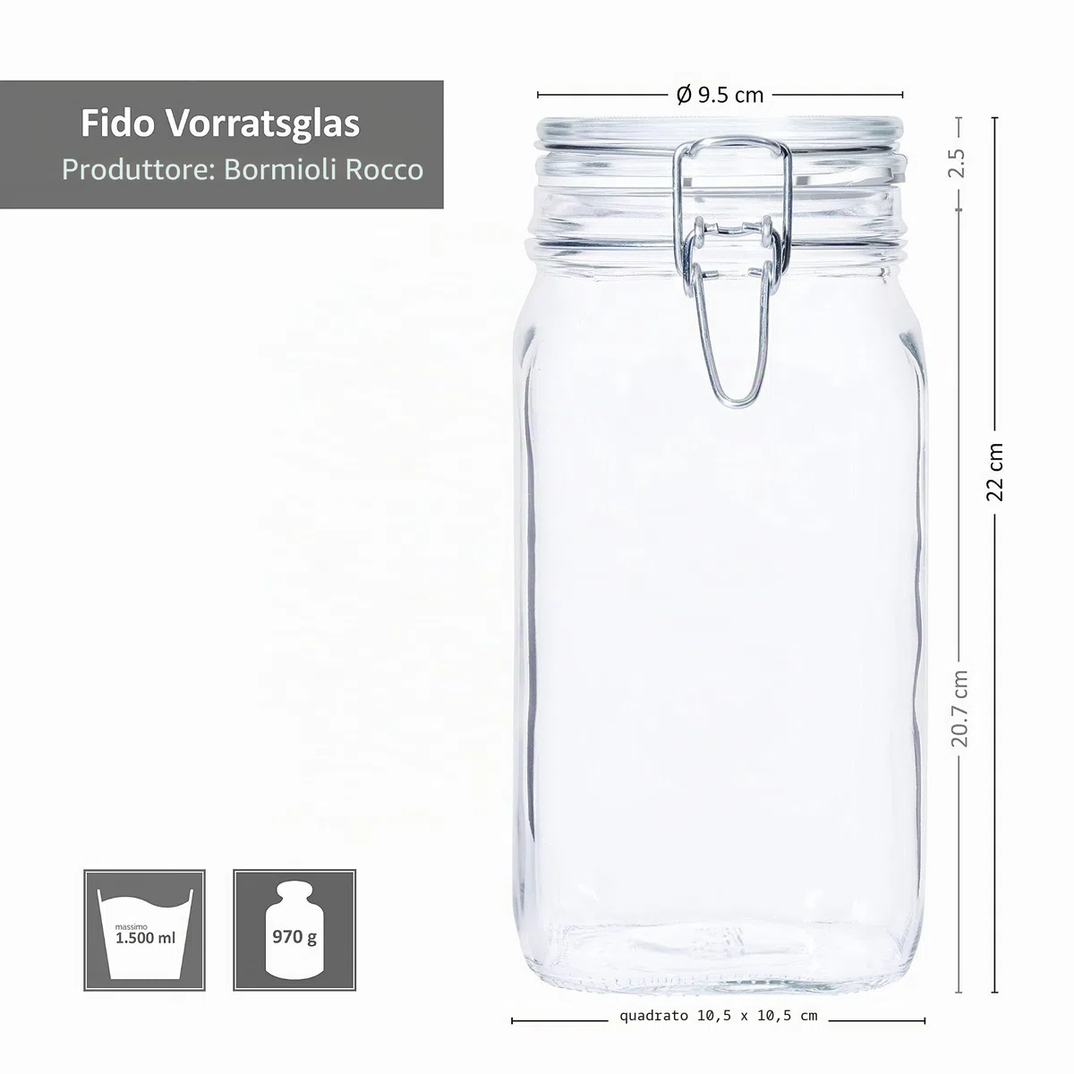 Bormioli Fido, Barattoli con chiusura a leva, 6 pezzi Capacità di 1,5 lt conservazione ermetica grazie all'anello di gomma