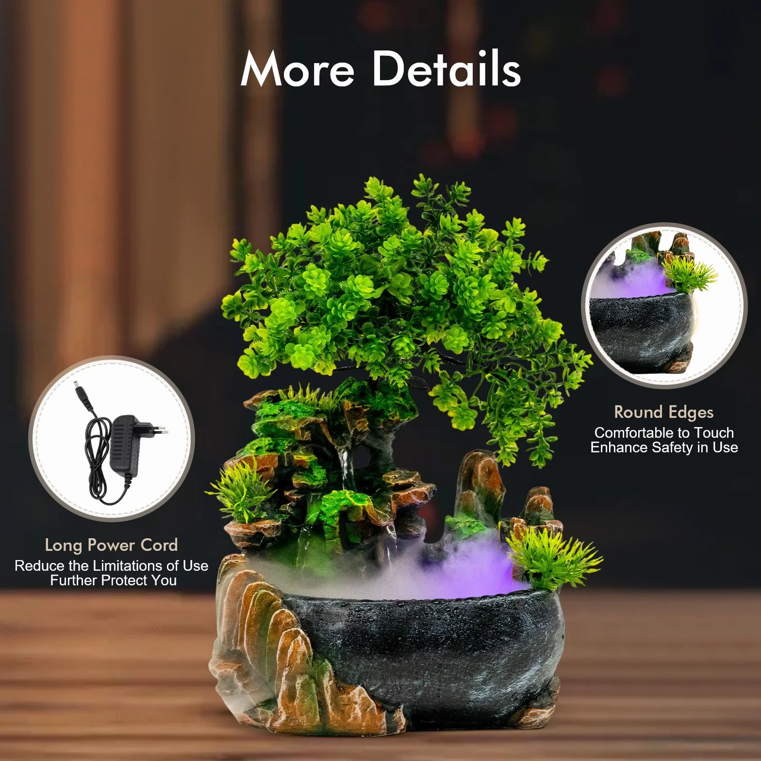 Fontana da interno con illuminazione LED, Fontana da tavolo per soggiorno, scrivania, cascata desktop, bonsai ornamentale, fontana da tavolo a cascata, fontana da scrivania con piante, decorazione
