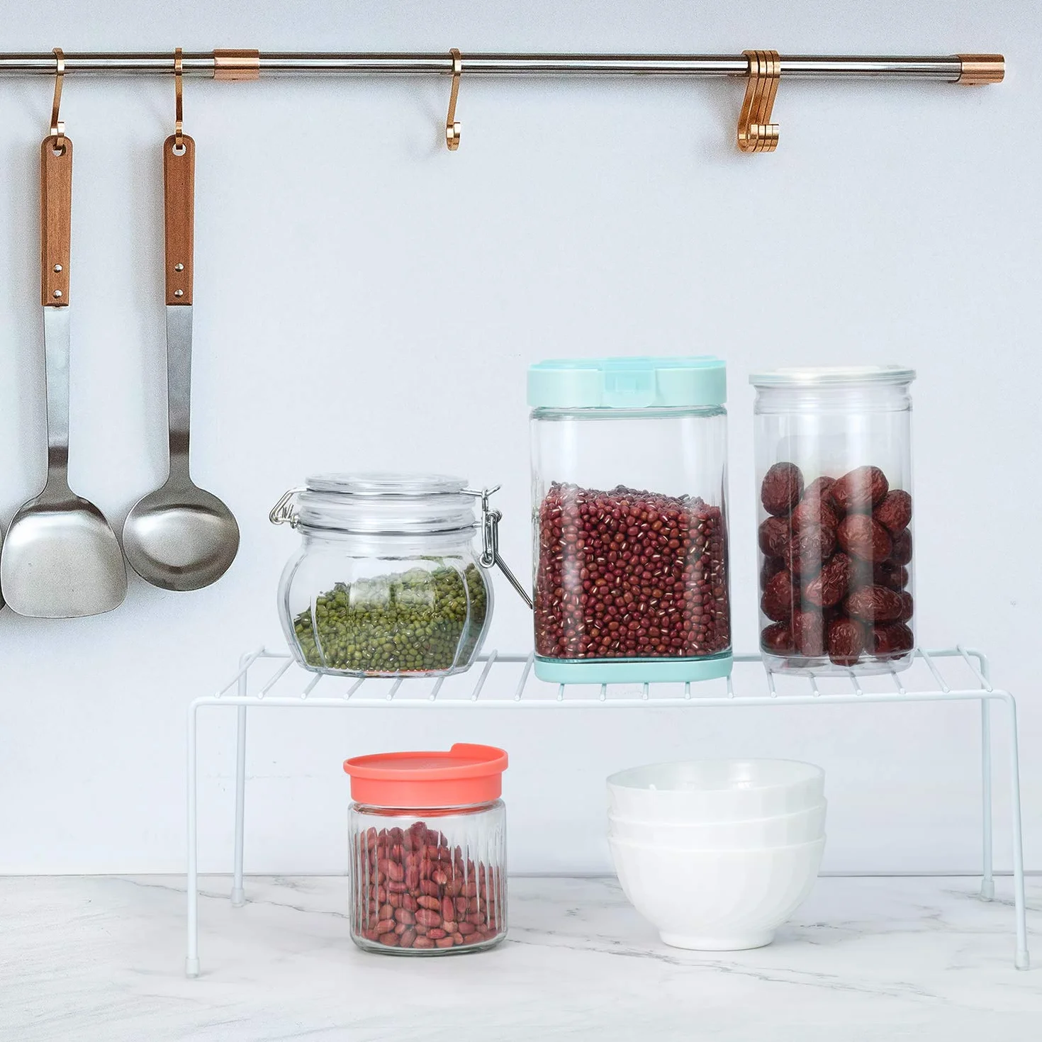 Lonian Organizer per credenza da cucina, per casa e cucina, in metallo, per mobili da cucina, piani di lavoro, dispense, cibo e utensili, bianco (confezione da 2)