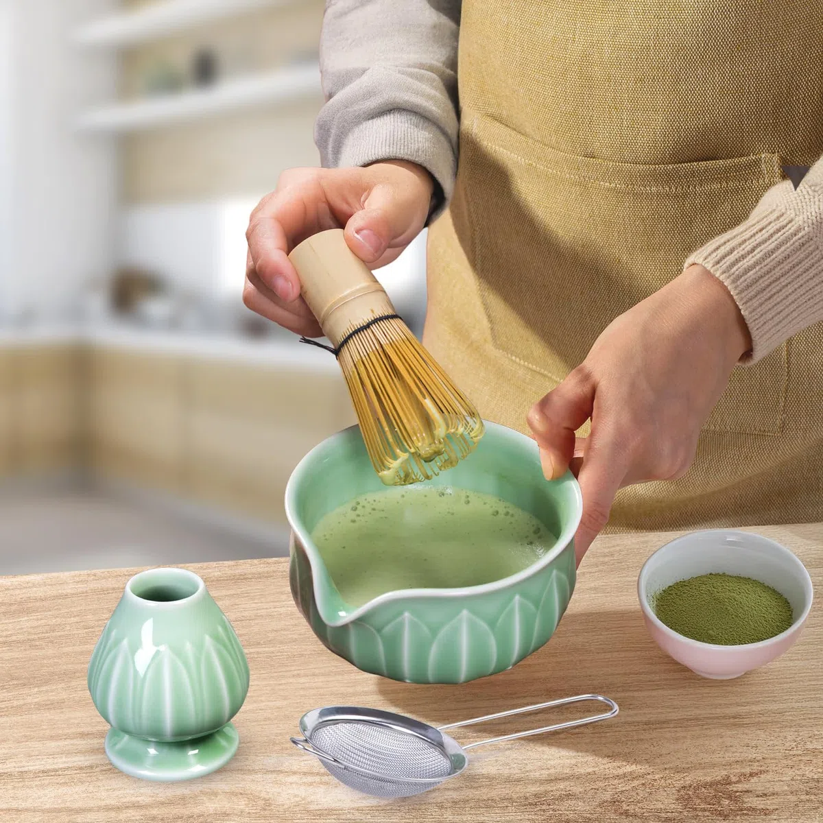 Set da tè Matcha con frusta e ciotola in bambù, kit per principianti, kit per matcha cerimoniale, set regalo per tè (verde smeraldo)