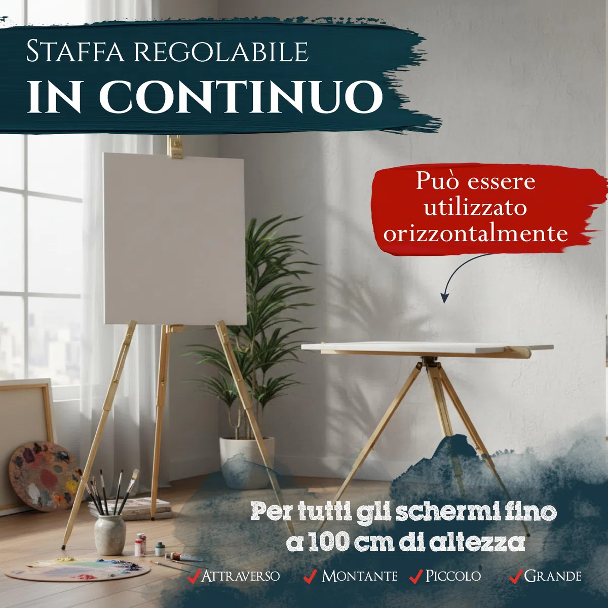 Artina Cavalletto Pittura da Campagna Malaga per artisti pittori Accademia Belle Arti Legno massello di Pino Portatile Stabile e Robusto - Cavalletto per dipingere e disegnare Professionale da Studio