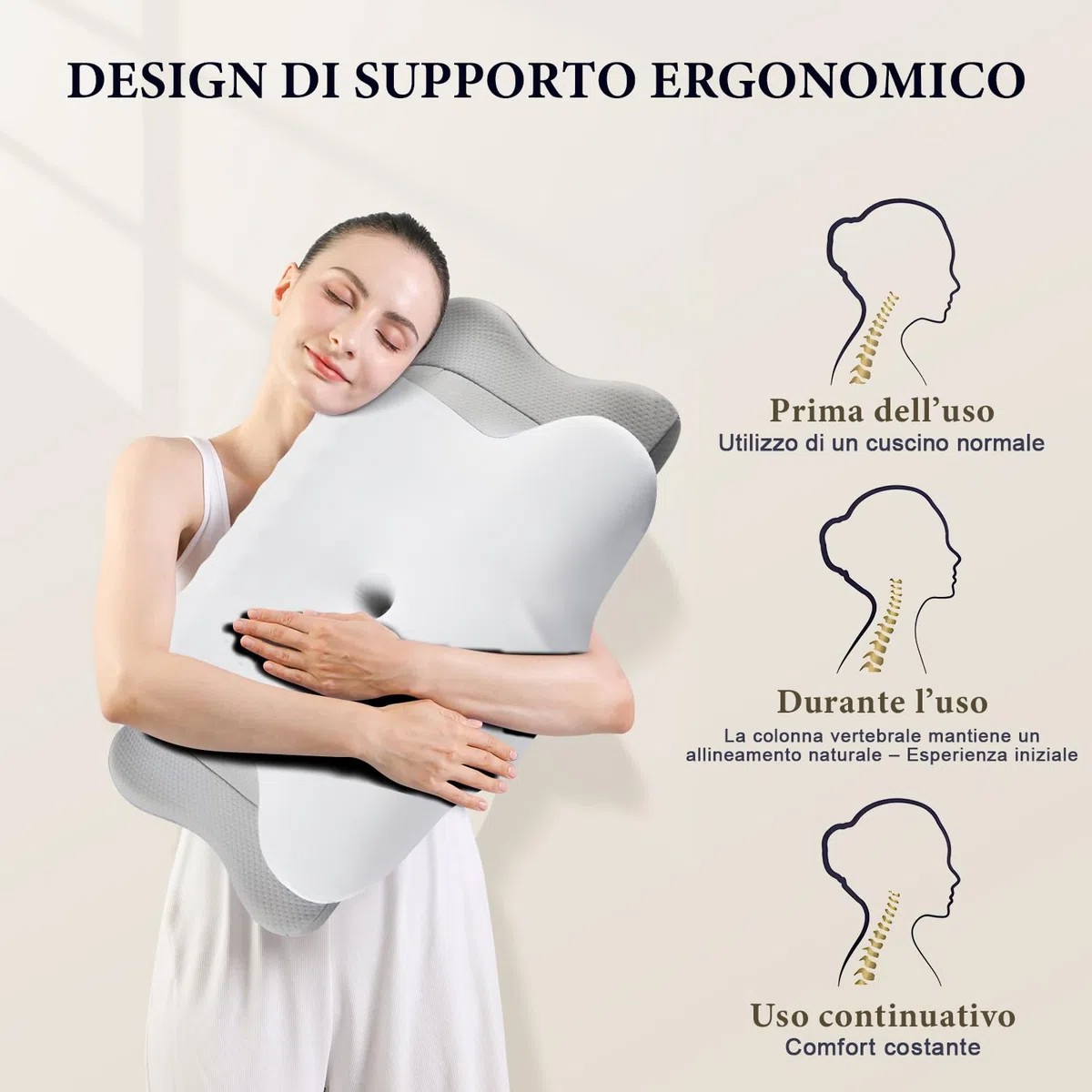 Cuscino Cervicale Memory Foam, Cuscino Ortopedico per Dormire con Supporto per Collo e Spalle, Doppia Altezza 10/13 cm, Federa Traspirante Sfoderabile Lavabile, 64x39 cm, Grigio Chiaro