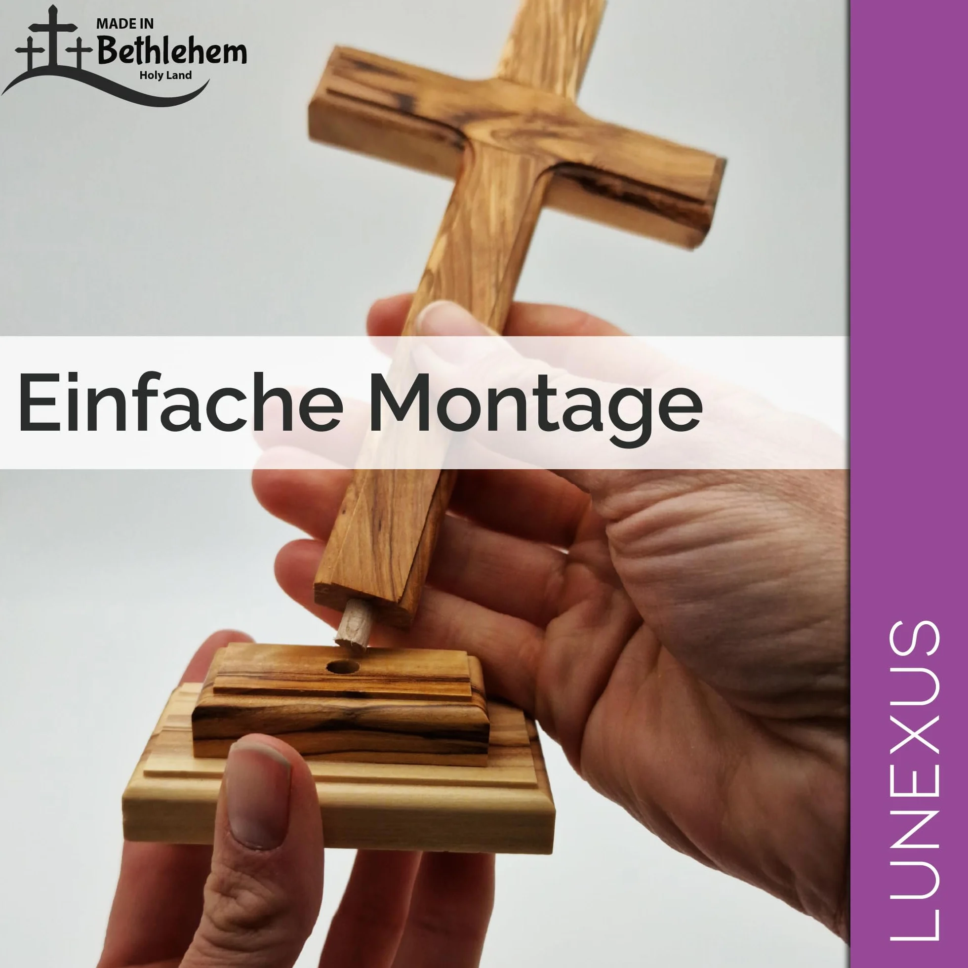 Lunexus Croce in legno d'ulivo, 18,5 cm, realizzata a mano in Betlemme, benedetta con certificato di consacrazione, croce da tavolo con supporto, regalo per battesimo, comunione, cresima, decorazione