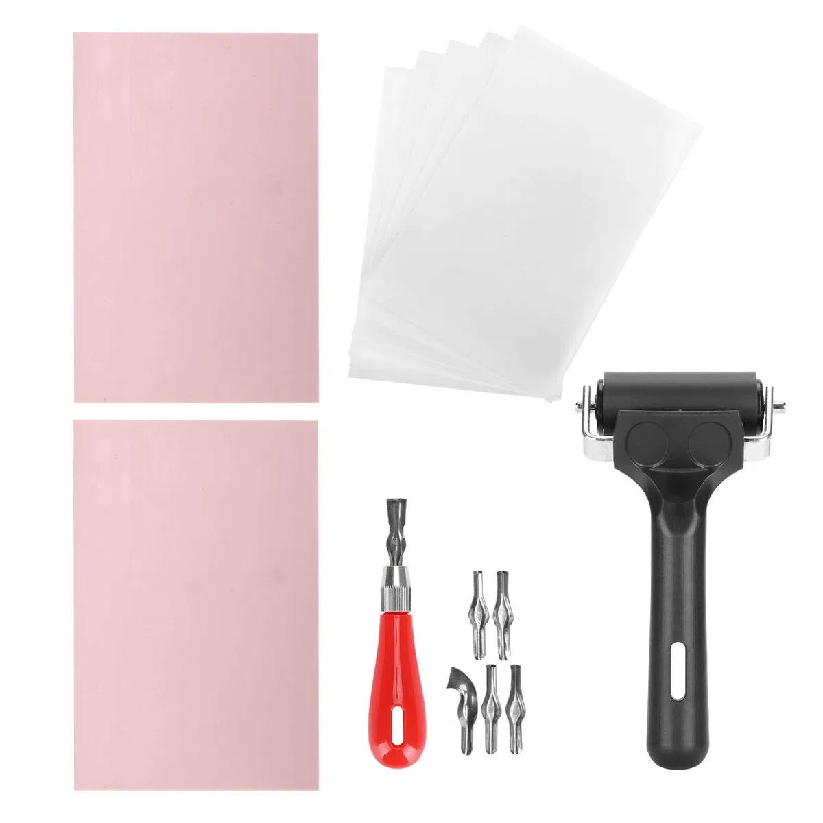 Kit per Creare timbri in Gomma, Set Completo con Rullo da Stampa 6 cm, 6 Testine Incisione, 2 Gomme, 5 Fogli Bianchi per Scrapbooking, Cartoline, Artigianato