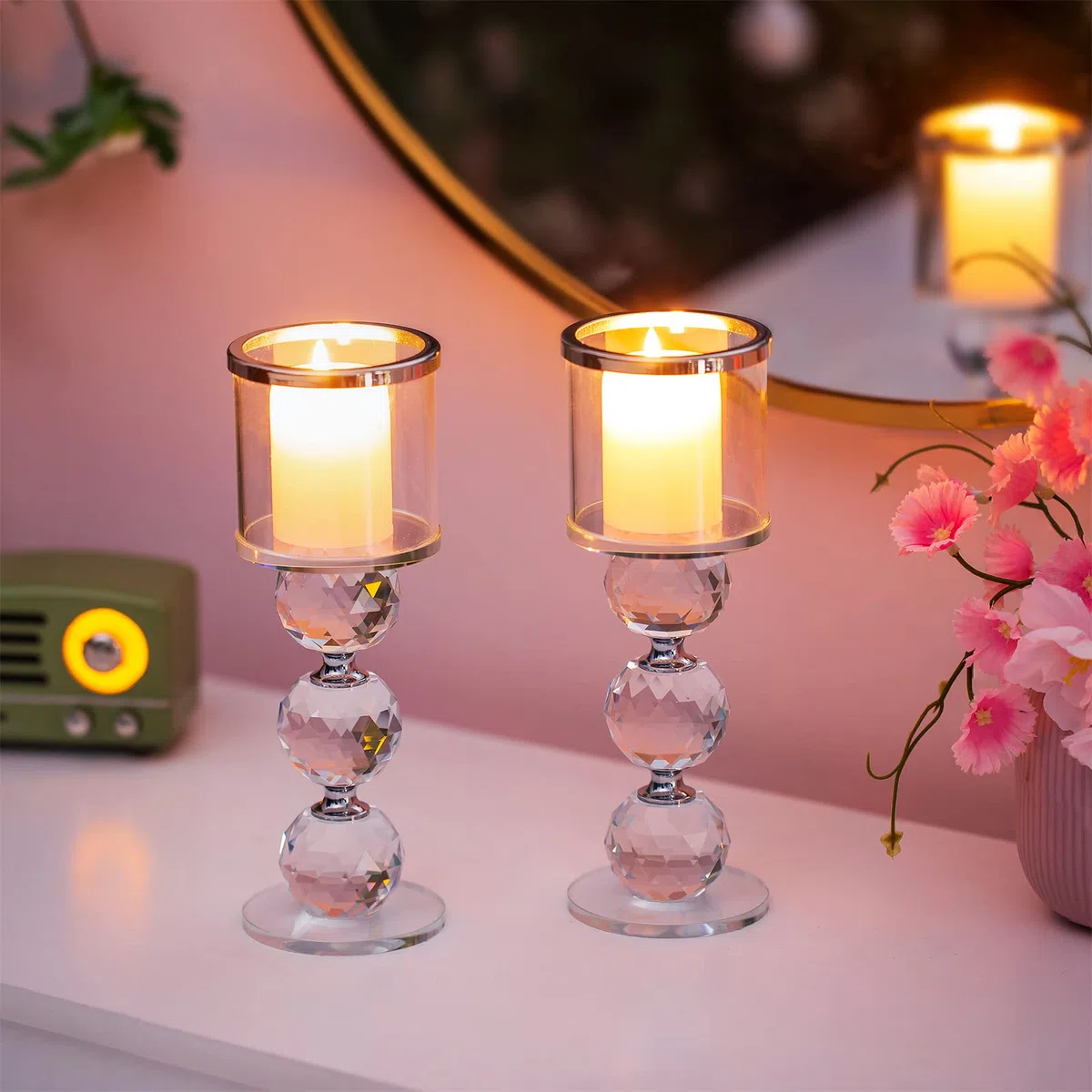 Sziqiqi Portacandele a Colonna in Cristallo, Set di 2 Candelieri in Vetro Trasparente, Candelabri Centro Tavola Moderno per Soggiorno Matrimonio Porta Candele per Decorazione Natalizia, Argento