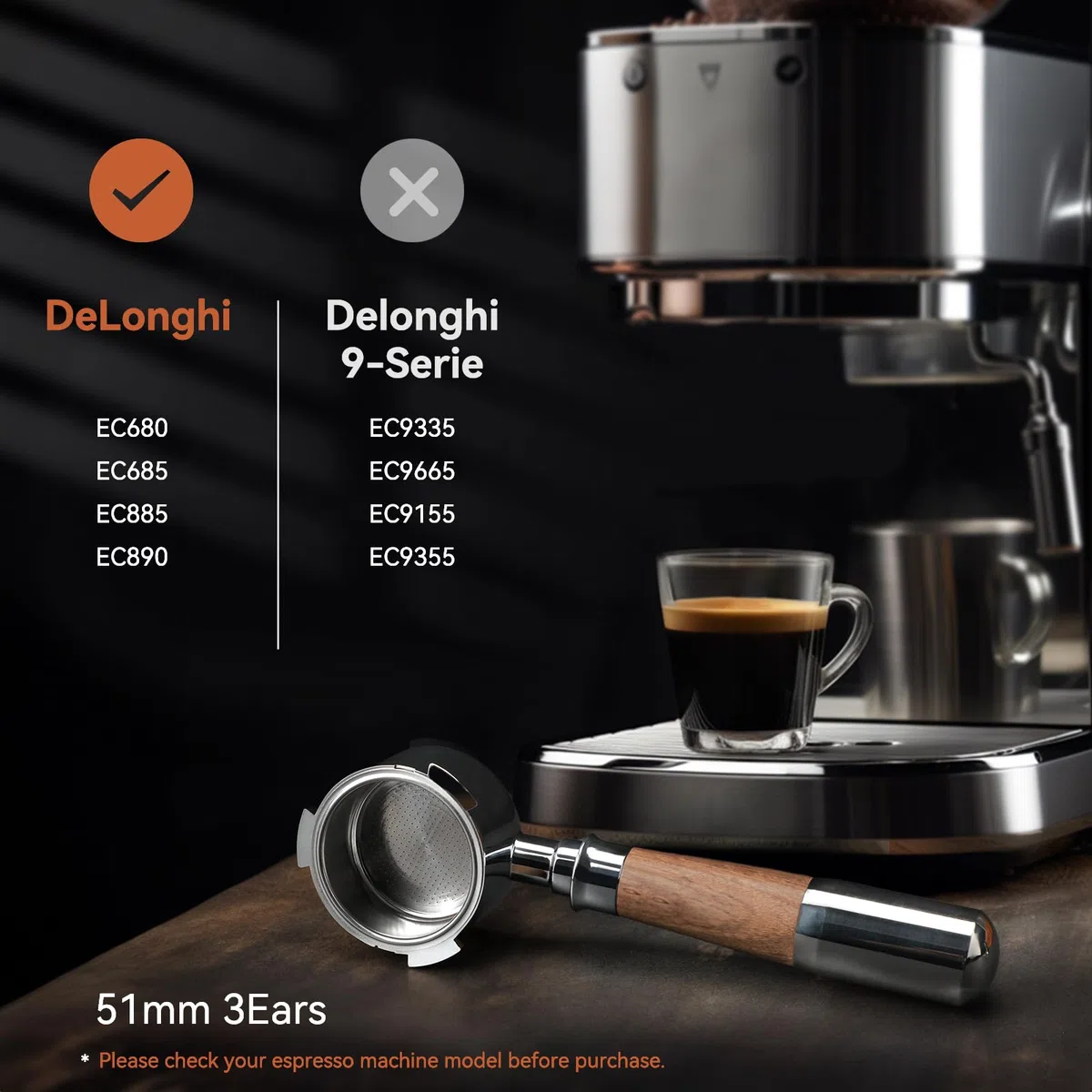 VINATO Portafiltro Senza Fondo 51mm - Cestello in Acciaio Inox con Manico in Noce - Compatibile con DeLonghi EC680/EC685/EC885/EC890 (3 Orecchie)