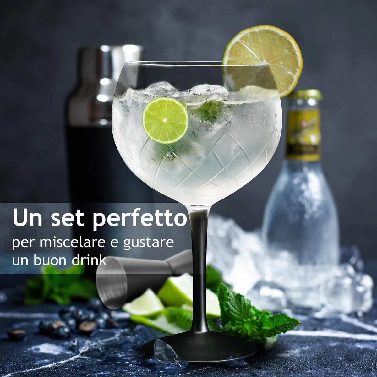 MIAMIO - 2 bicchieri da gin e tonica da 650 ml - di alta qualità ideali per cocktail - Set regalo comprensivo di misurino e cucchiaio per mescolare