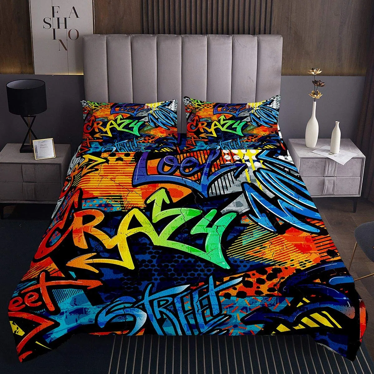 Hippie Set copriletto con graffiti per adolescenti hip hop trapuntato motivo graffiti set copriletto a tema cultura stradale collezione camera da letto 2 pezzi taglia singola170X230cm