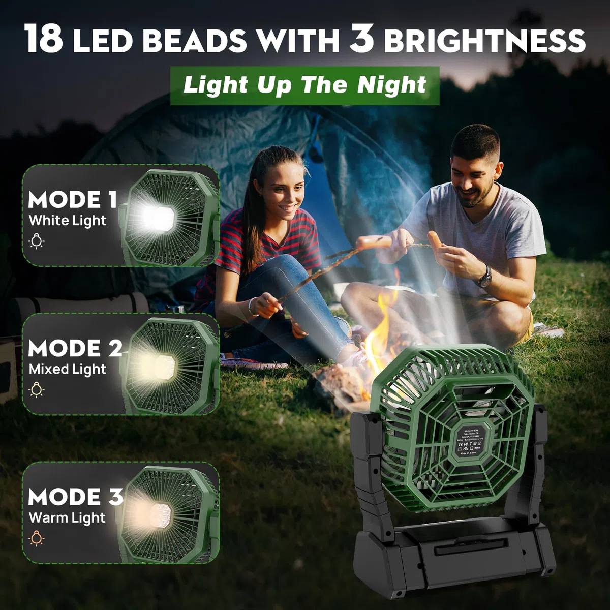Multper Ventilatore da Campeggio con Luce LED, 4 Velocità 10000mAh Ventilatore Portatile USB Ricaricabile con Telecomando e Gancio, Ventilátore da Tavolo Silenzioso per Casa, Ufficio, Viaggi, Picnic