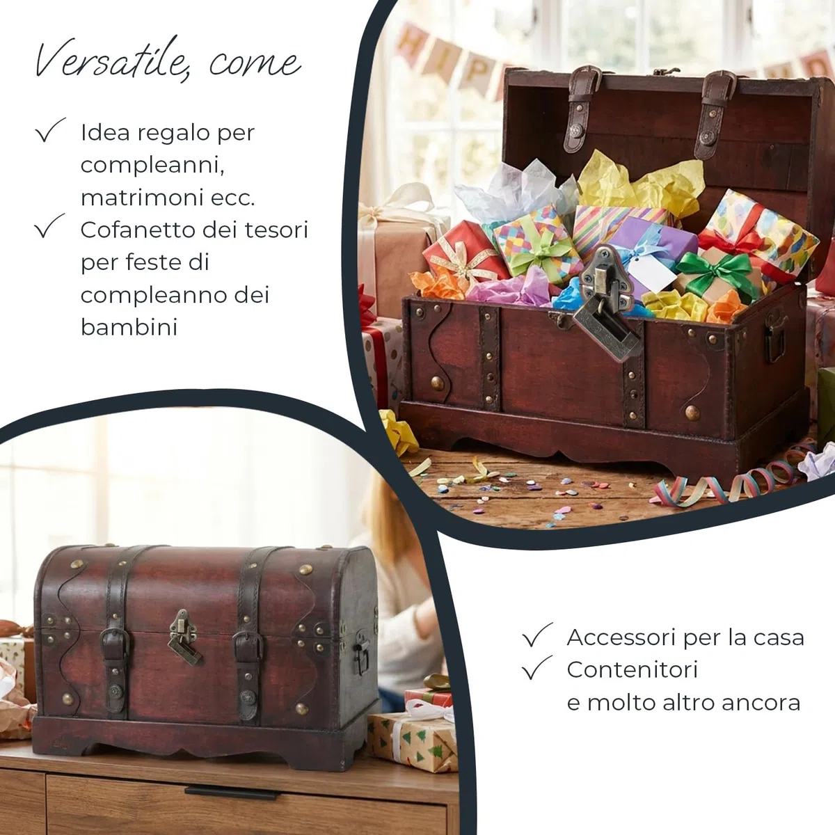 HMF Scrigno in Legno Grande con Serratura Decorativa, Cassa del Tesoro per Feste di Compleanno Bambini | 40 x 23 x 27 cm | Cambogia