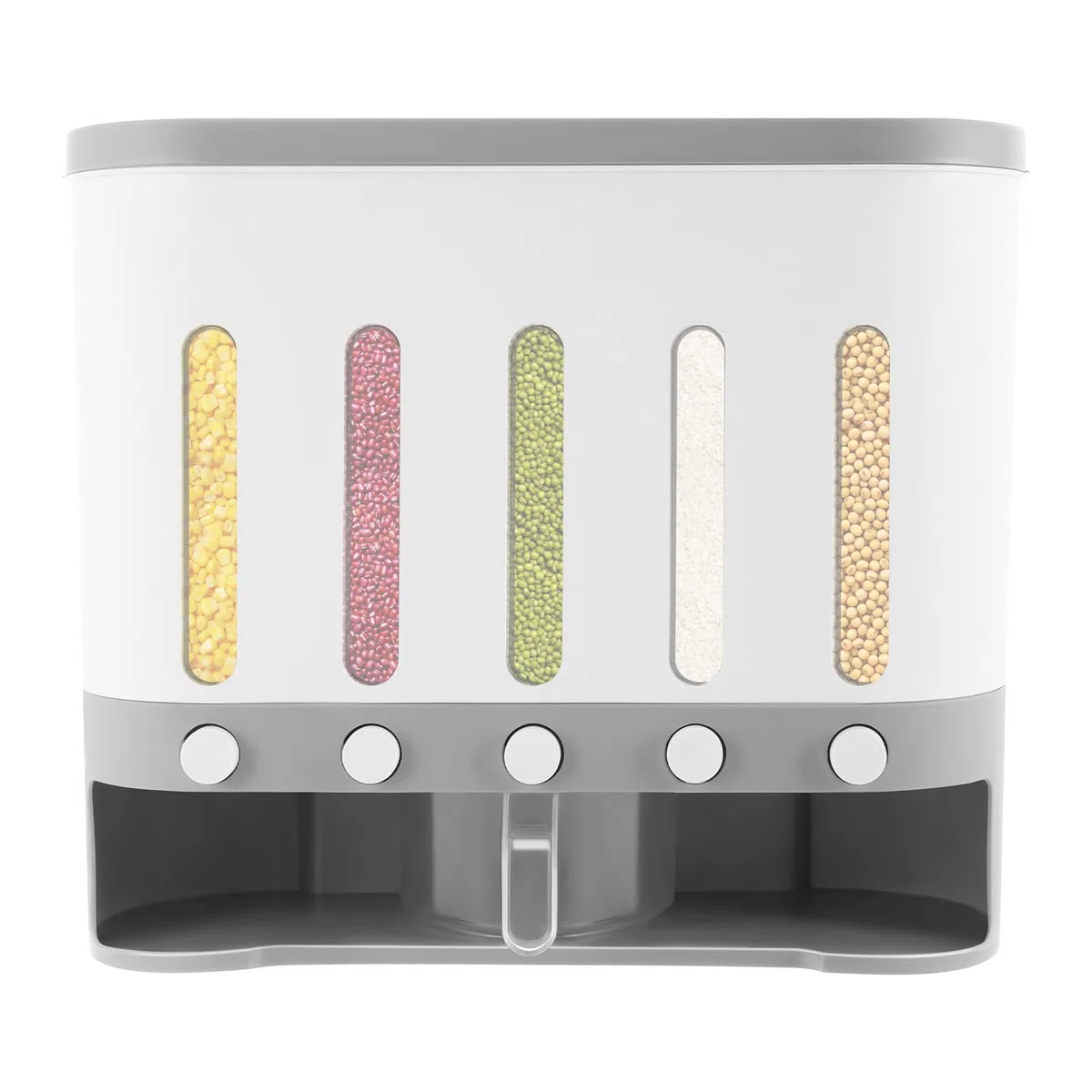 Dispenser per cereali a 5 scomparti trasparente (40 x 15 x 34 cm) con misurino, moderno dispenser per cereali per cornflakes, noci e riso, pratico contenitore da cucina con divisori