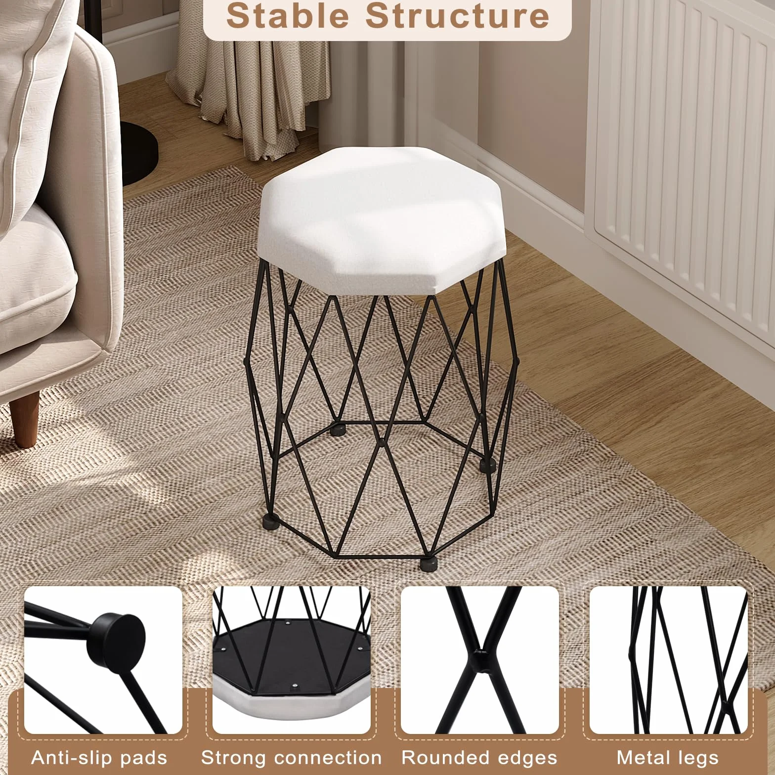 WOLTU Sgabello per Toeletta Trucco, Sedia da Trucco, Sgabello Basso, Seduta in Velluto e Telaio in Metallo, 30x30x44cm, per Camera da Letto, Soggiorno, Ingresso, Bianco + Nero, MB6111wsz