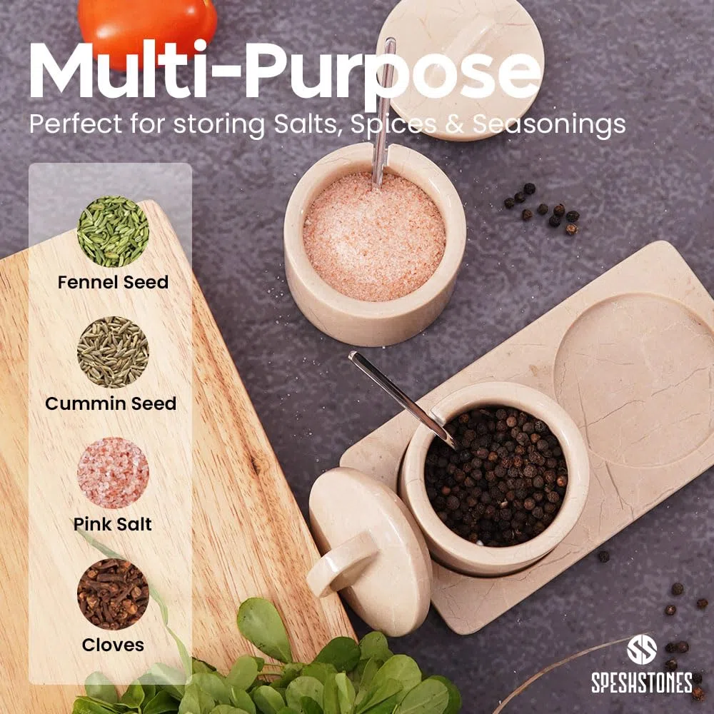 SPESHSTONES Portasale in Marmo Beige da 10,2 cm Barattolo per Sale con Coperchio, Contenitori per Sale da Tavola per Piano di Lavoro, Piatto per Sale, Portasale, Barattoli per Spezie, Zuccheriera, Set