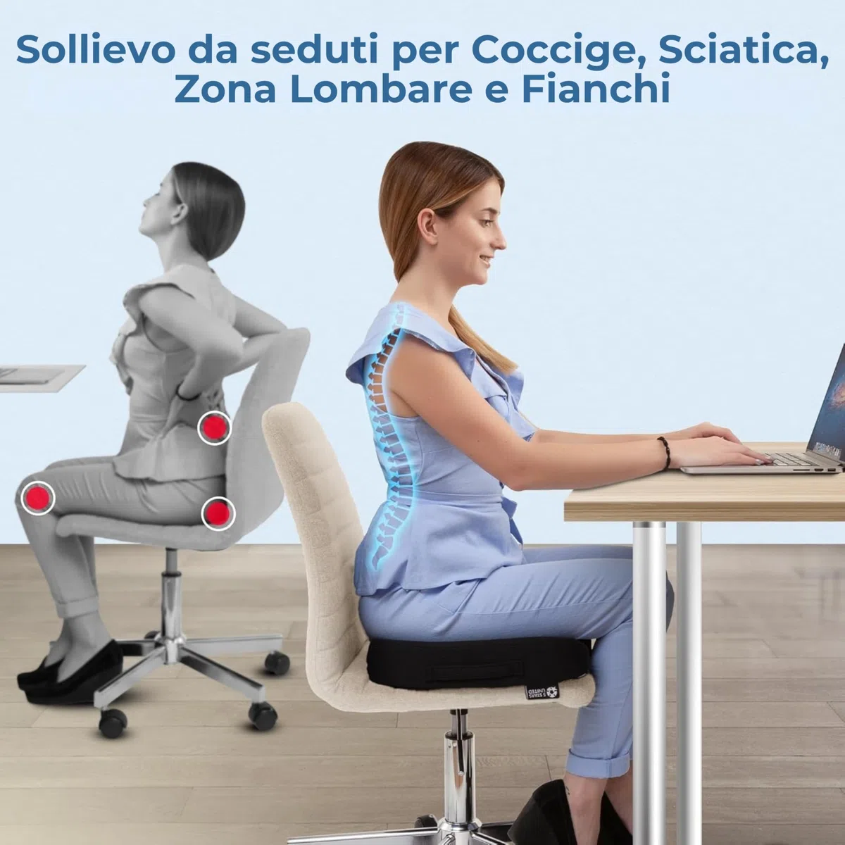 5 STARS UNITED Cuscino memory foam ergonomico per coccige e sedia ufficio, sollievo sciatica e mal di schiena, antiscivolo, fodera lavabile - Nero