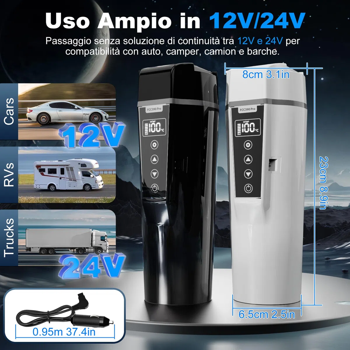 Bollitore Elettrico Portatile per Auto 24/12v, Bollitore da Viaggio con Accendisigari per Auto e Camion, Bollitore Elettrico per Auto con Temperatura Regolabile, Spegnimento Automatico, 450ml