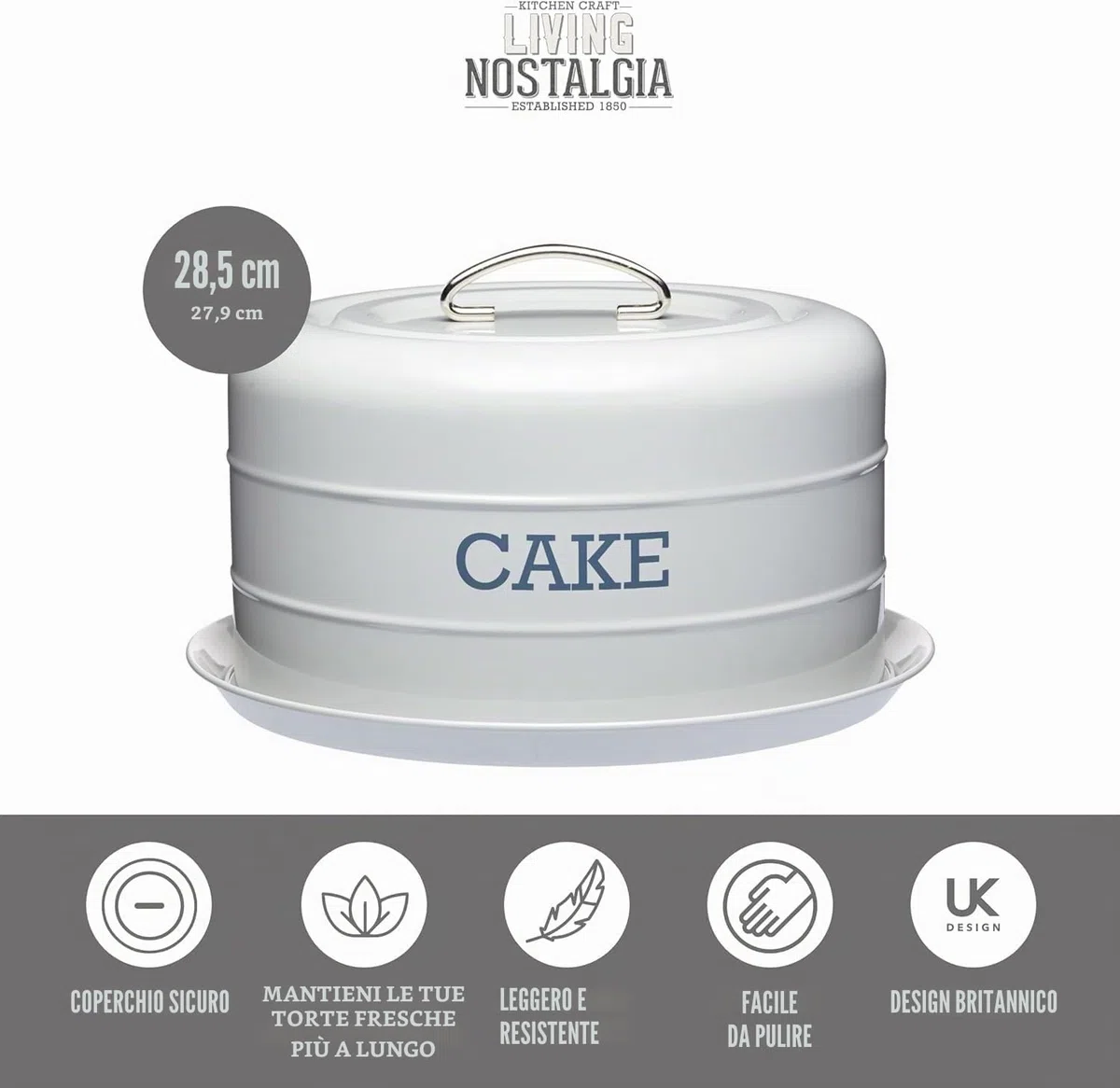 Kitchen Craft Living Nostalgia - Contenitore Metallico per Torta, a Tenuta ermetica, 28,5 x 18 cm Grigio