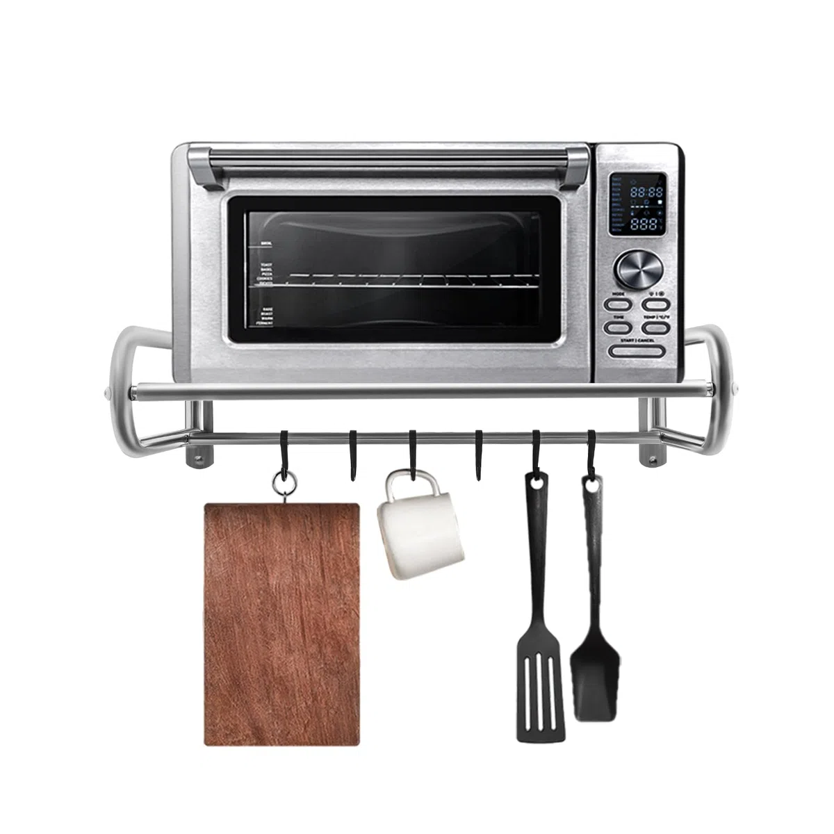 Supporto da parete per forno a microonde, in acciaio inox, con 6 ganci sospesi, supporto per microonde, supporto a parete, nero, 53 x 38 x 18 cm