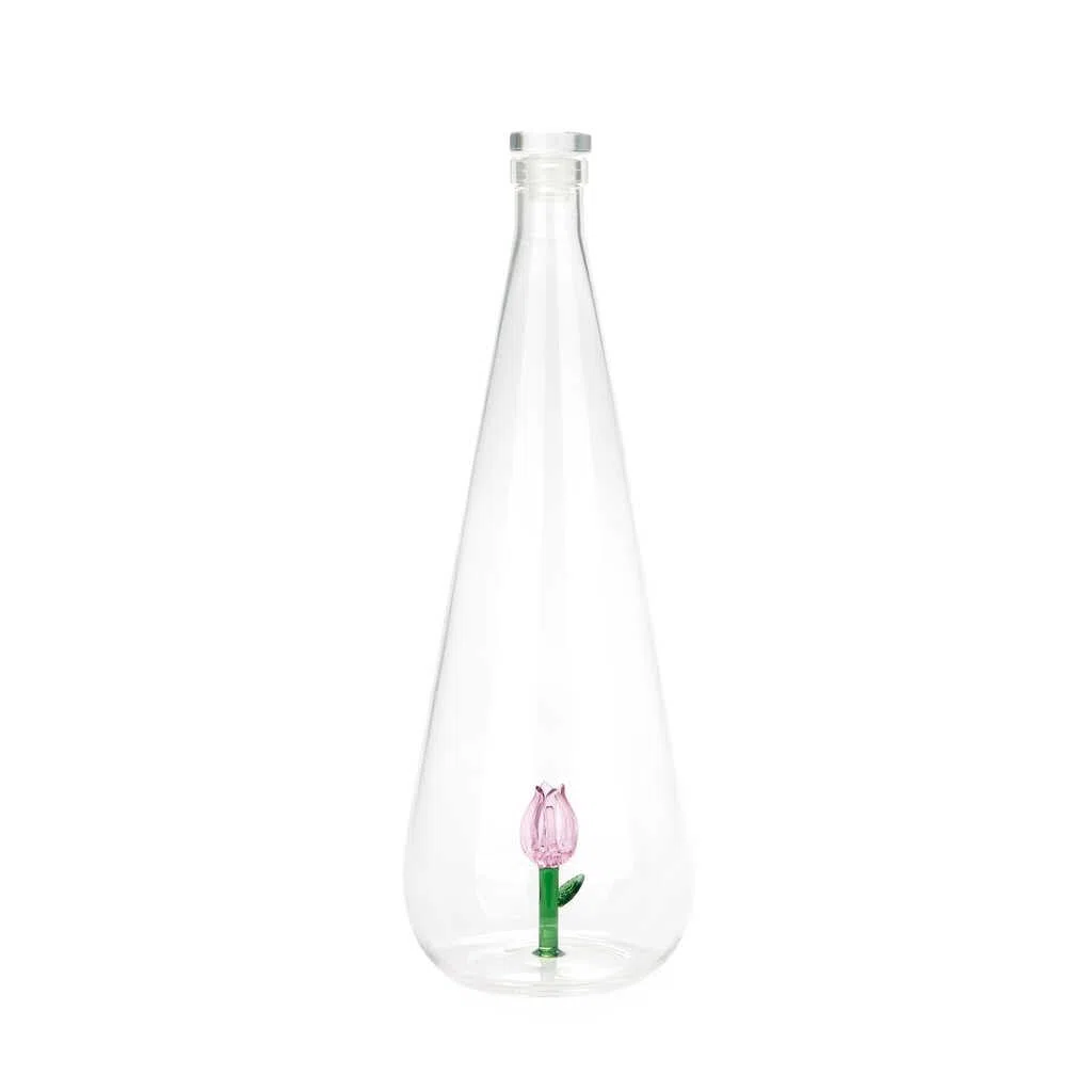 Balvi Bottiglia Botanical Tulip Colore Rosa Fatto a Mano in borosilicato Vetro 1 L