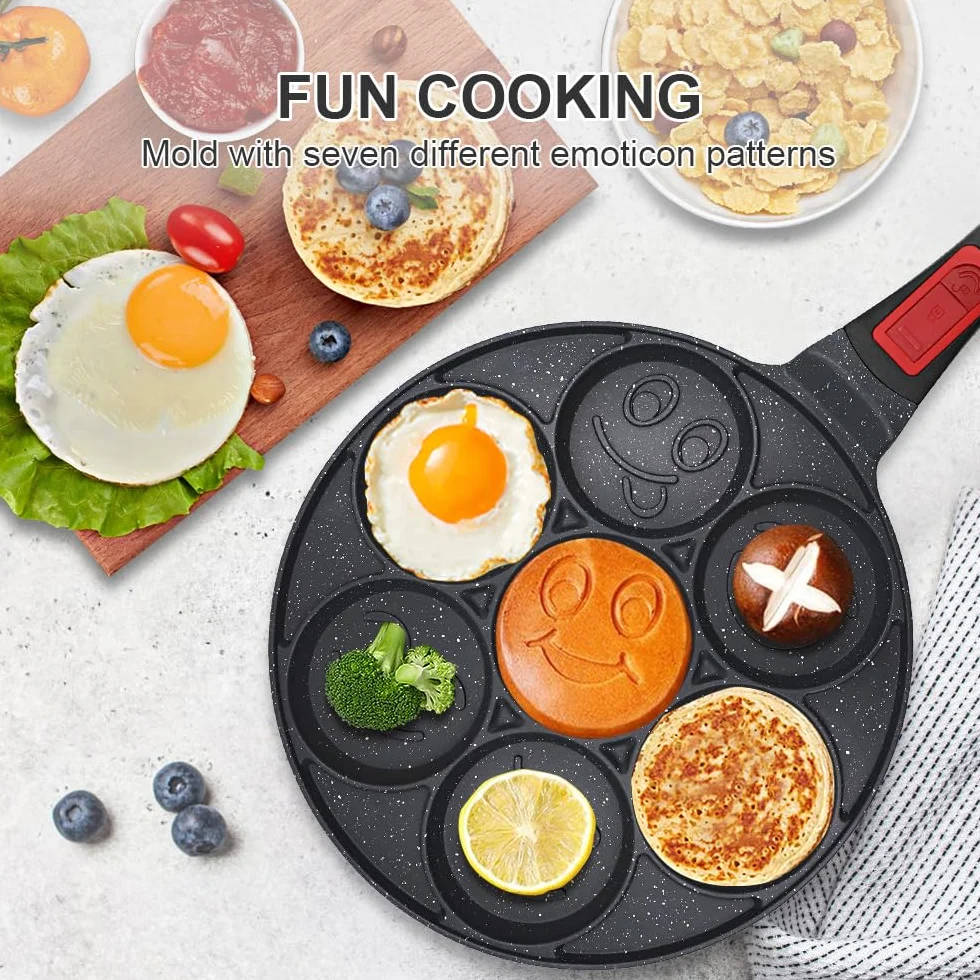 RANX INGST Padella Pancake 26 cm, Piastra Pancake con Maniglia Rimovibile 7 Fori Antiaderente per Colazione - Nero