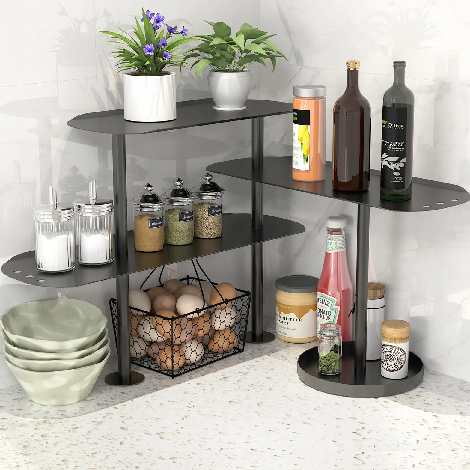 STWWO Organizzatori da Cucina Scaffali da Banco 3 Ripiani Metallo Regolabile Scaffale Portaspezie Scaffale per Condimenti Organizzatore da Bancone Ultifunzionale per Cucina Bagno Bar, Nero