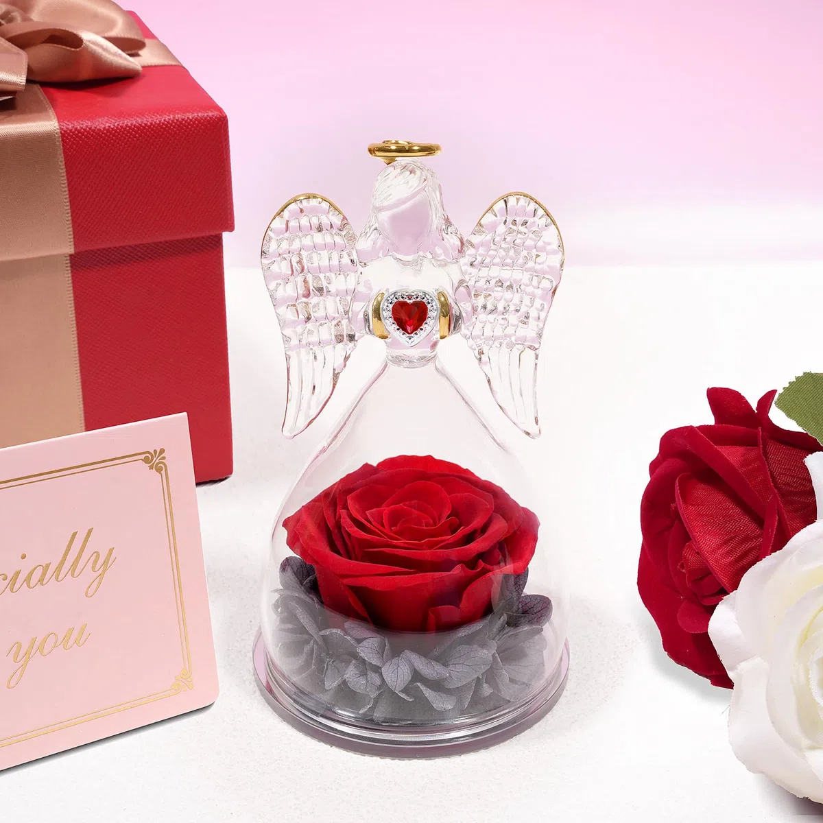 Miofula Regali Festa della Mamma,Rosa Eterna Figurine Angelo con Collana Argento 925,Rosa Stabilizzata Regalo Mamma Compleanno,Festa della Mamma Idee Regalo Mamma Nonna,Fiori Stabilizzati Regalo Donna